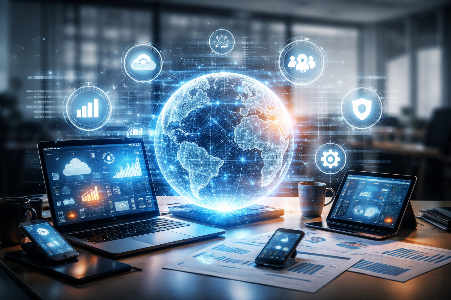 Digital transformation tools concept with cloud computing, data analytics dashboards, global network, and modern business technology devices