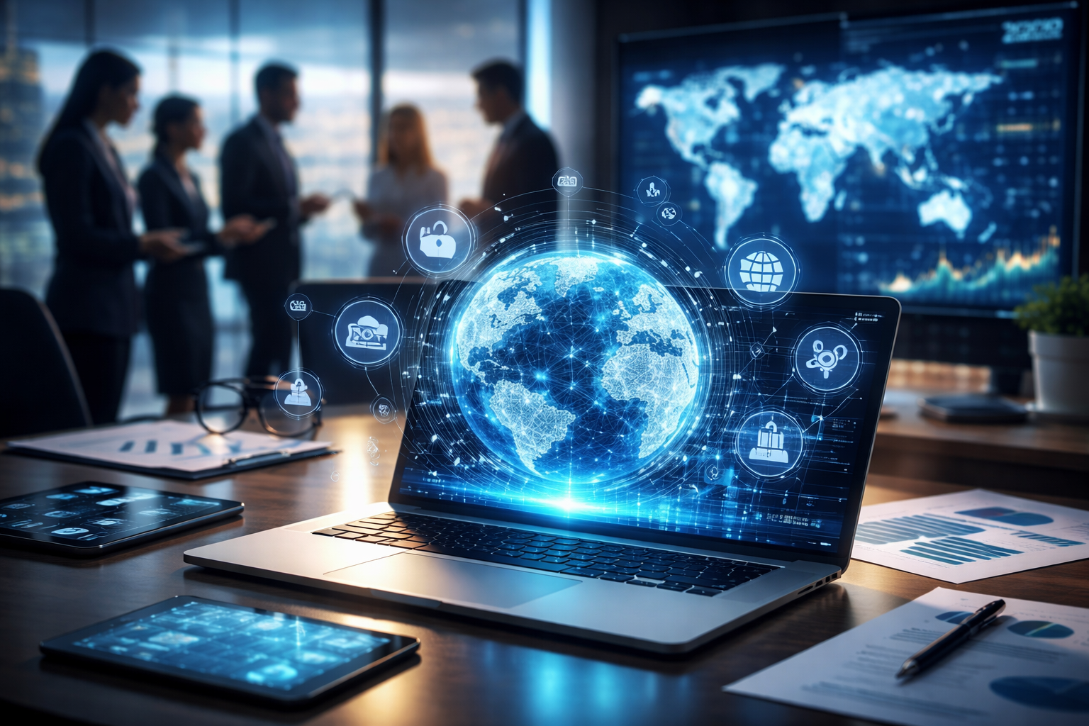 Global digital transformation concept showing AI, cloud computing, data analytics, and connected business technologies in a modern office