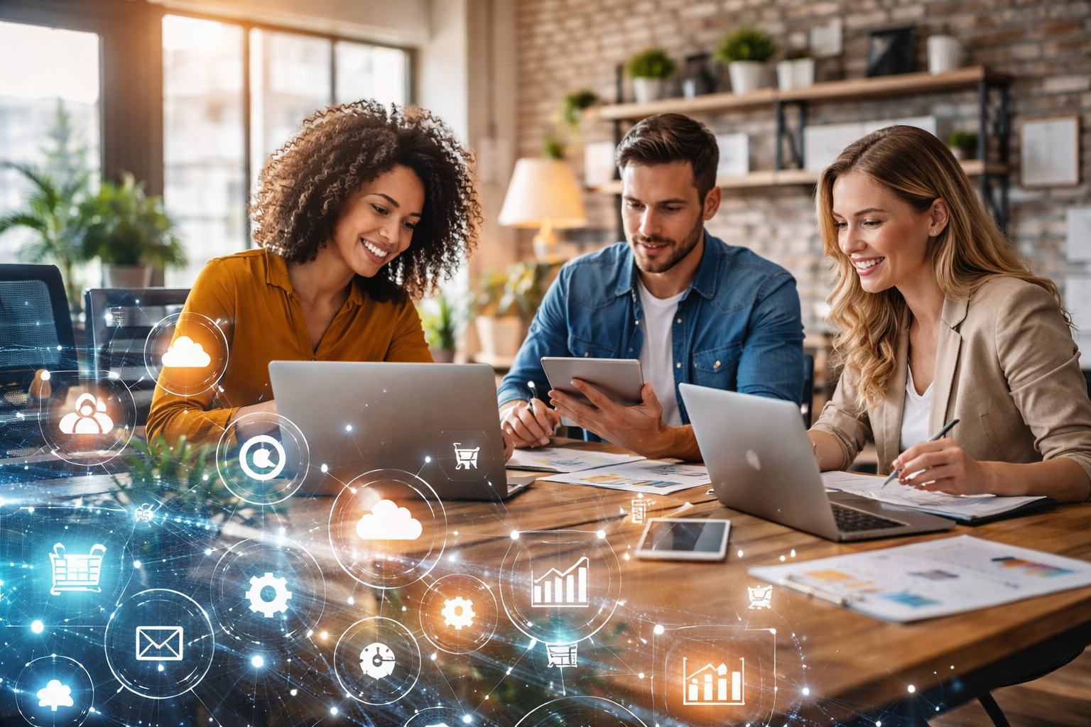 Small business team using laptops and cloud-based tools to implement global digital transformation in a modern workspace