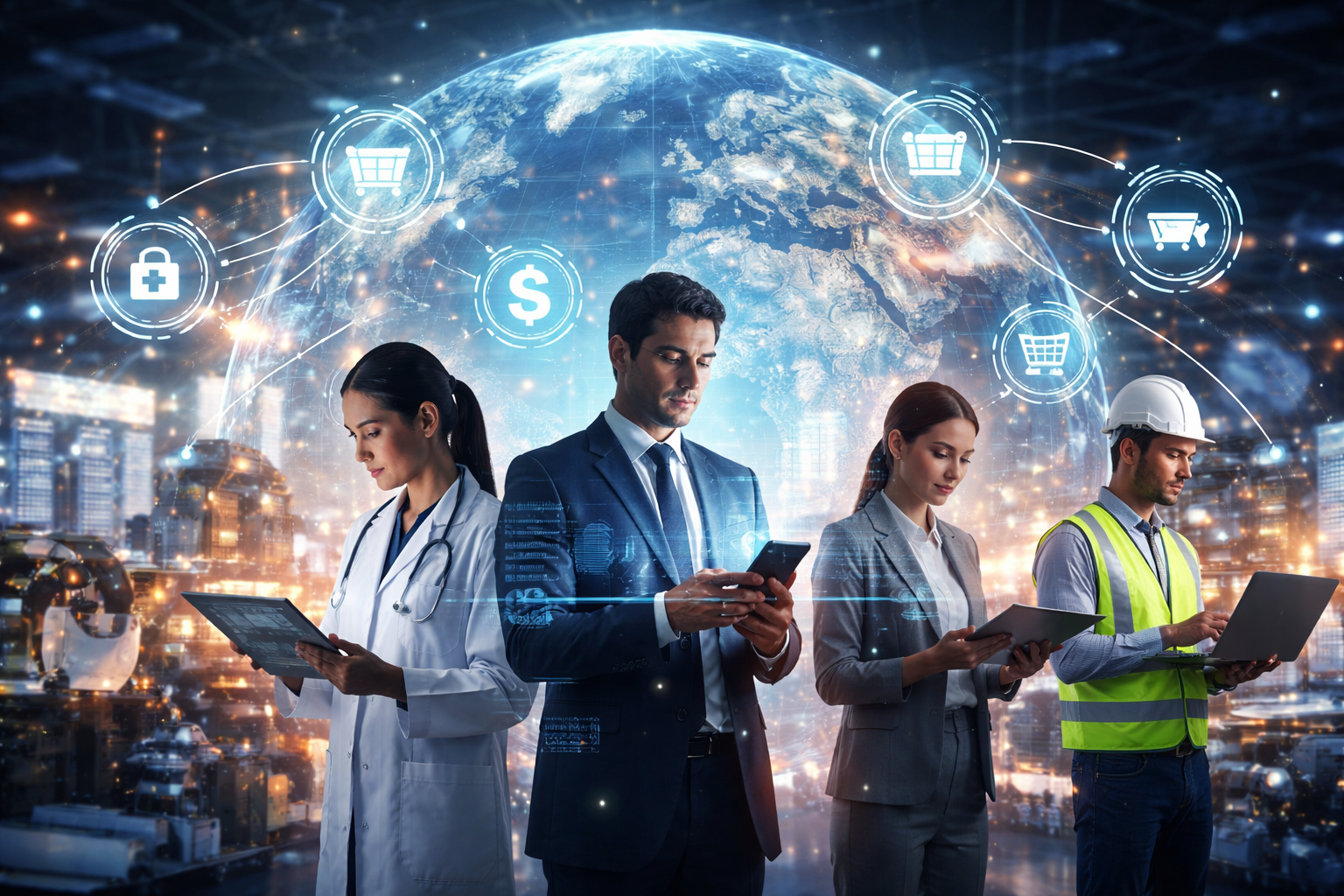 Global digital transformation across industries including healthcare, finance, retail, and manufacturing using advanced technology