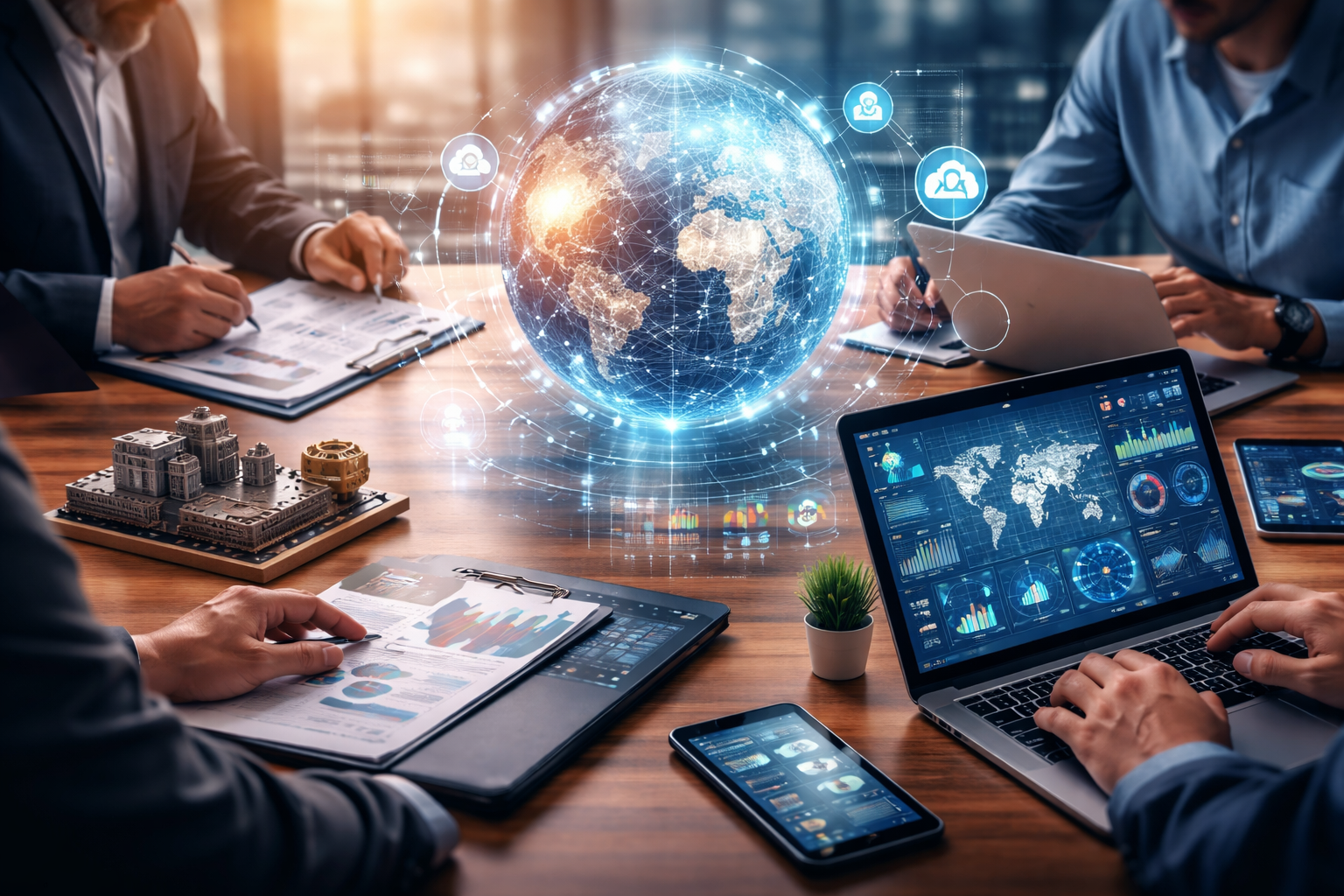Traditional vs digital-first companies comparison showing global digital transformation with analytics dashboards, laptops, and connected globe