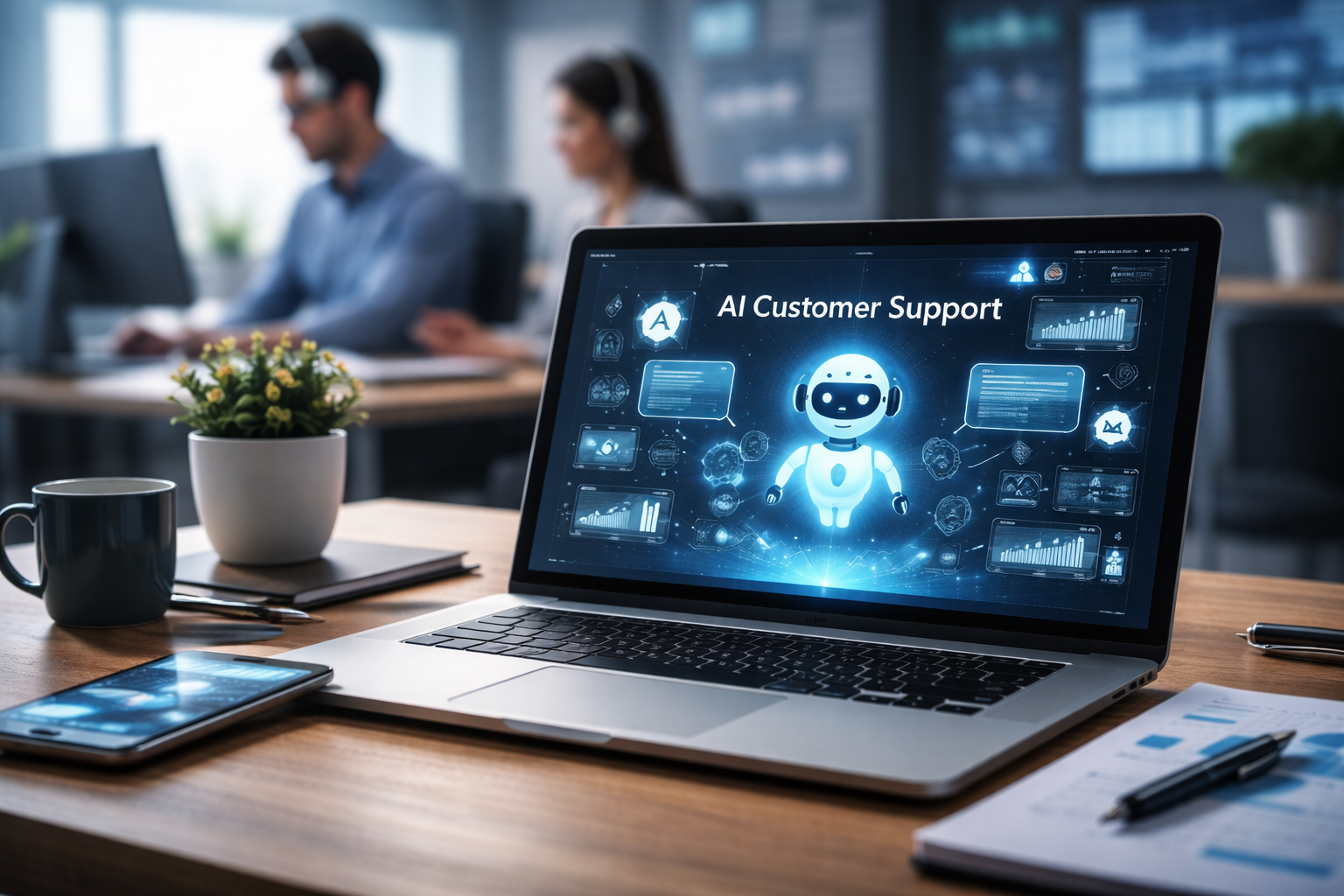 AI customer support chatbot interface with automation analytics on laptop in modern office