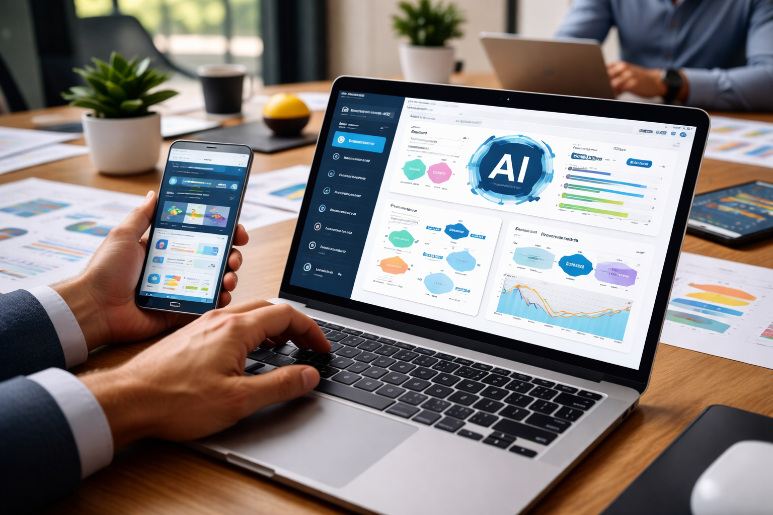 AI email automation dashboard on laptop showing campaign analytics and personalized email workflows