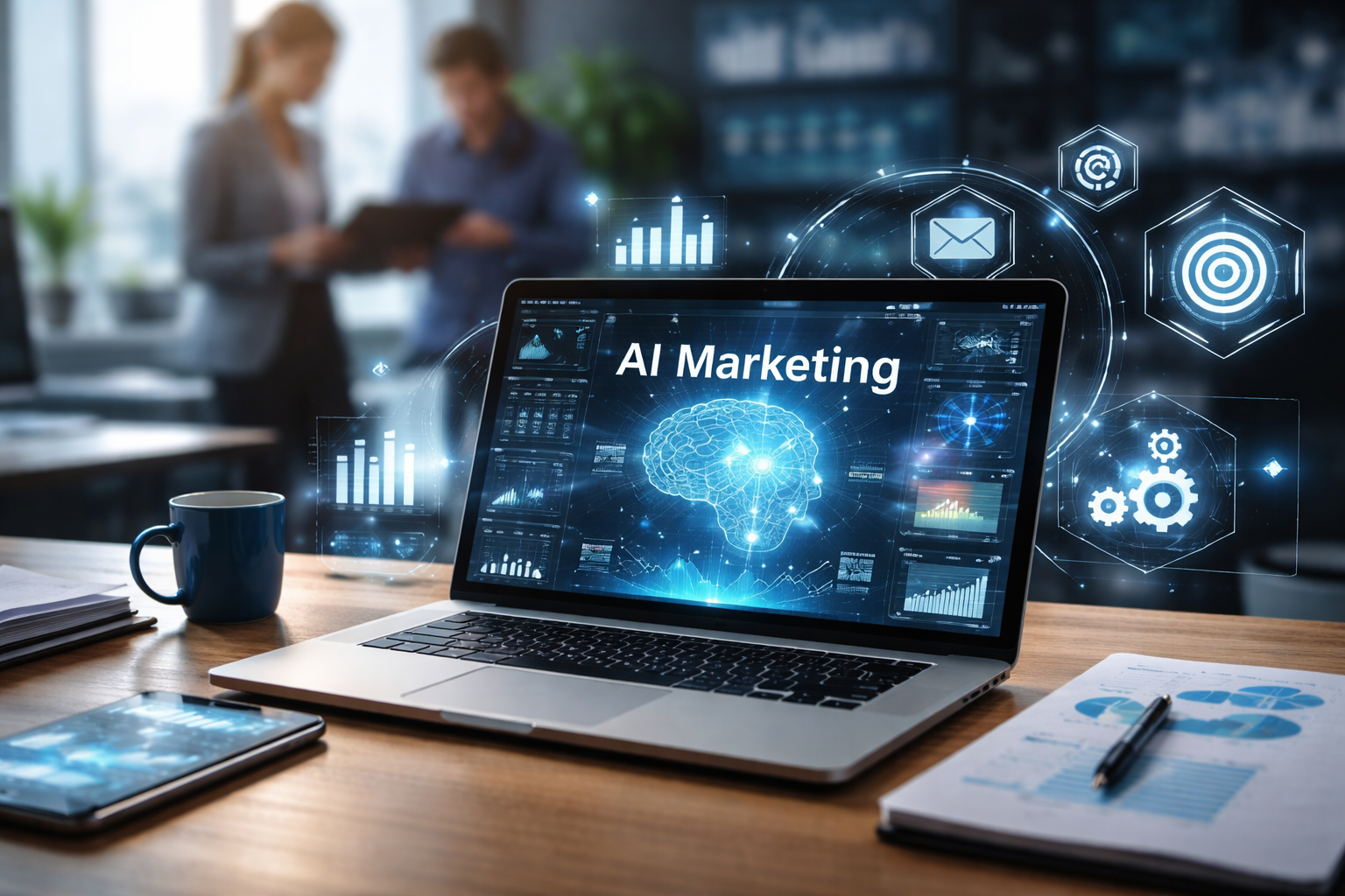 AI marketing tools dashboard with automation analytics and digital business workspace