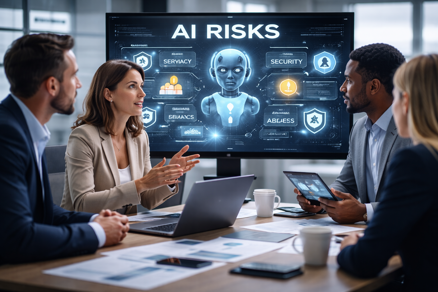 business team discussing AI risks in business with data security and analytics dashboard in office