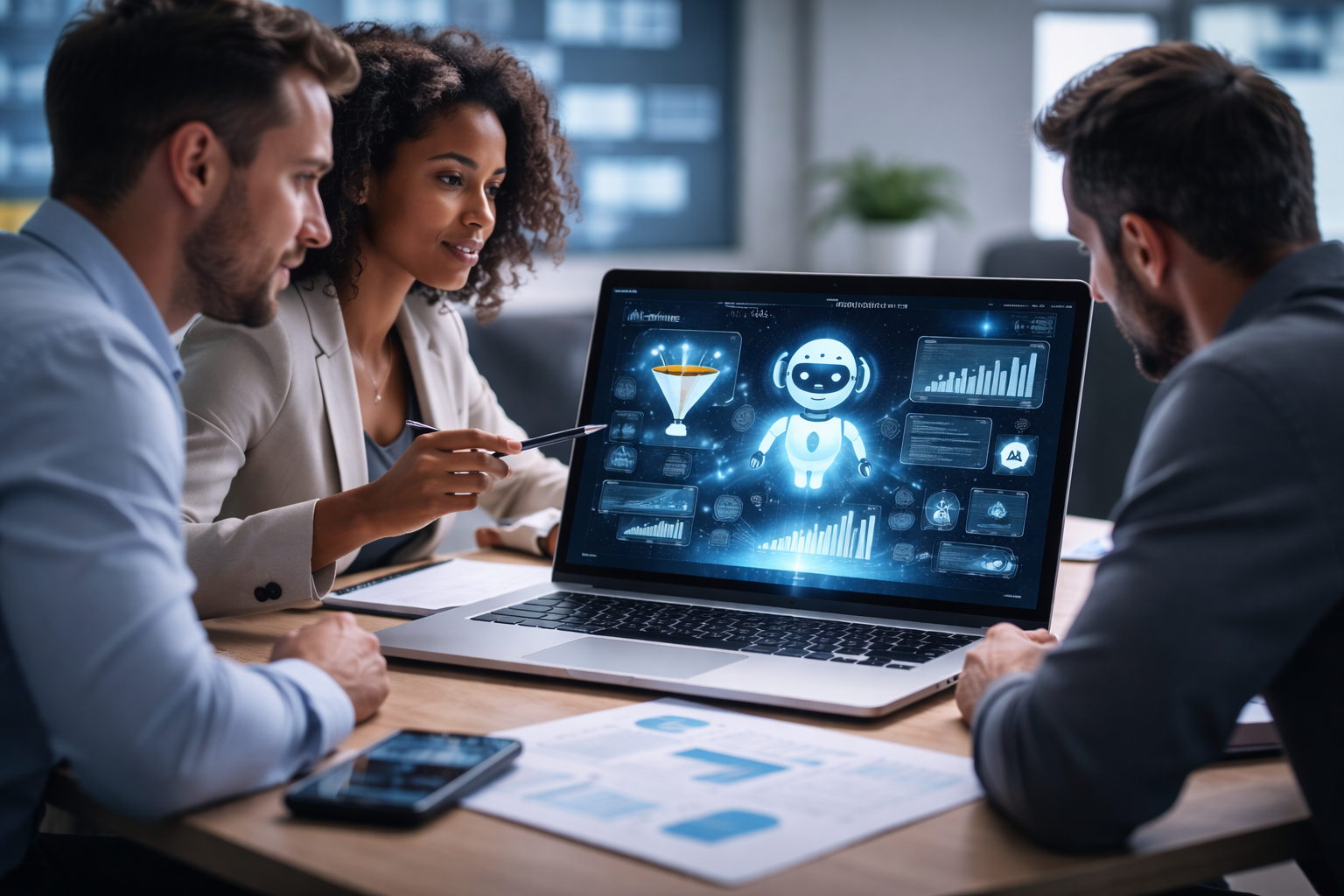 AI sales team analyzing lead generation and conversion data on laptop with analytics dashboard