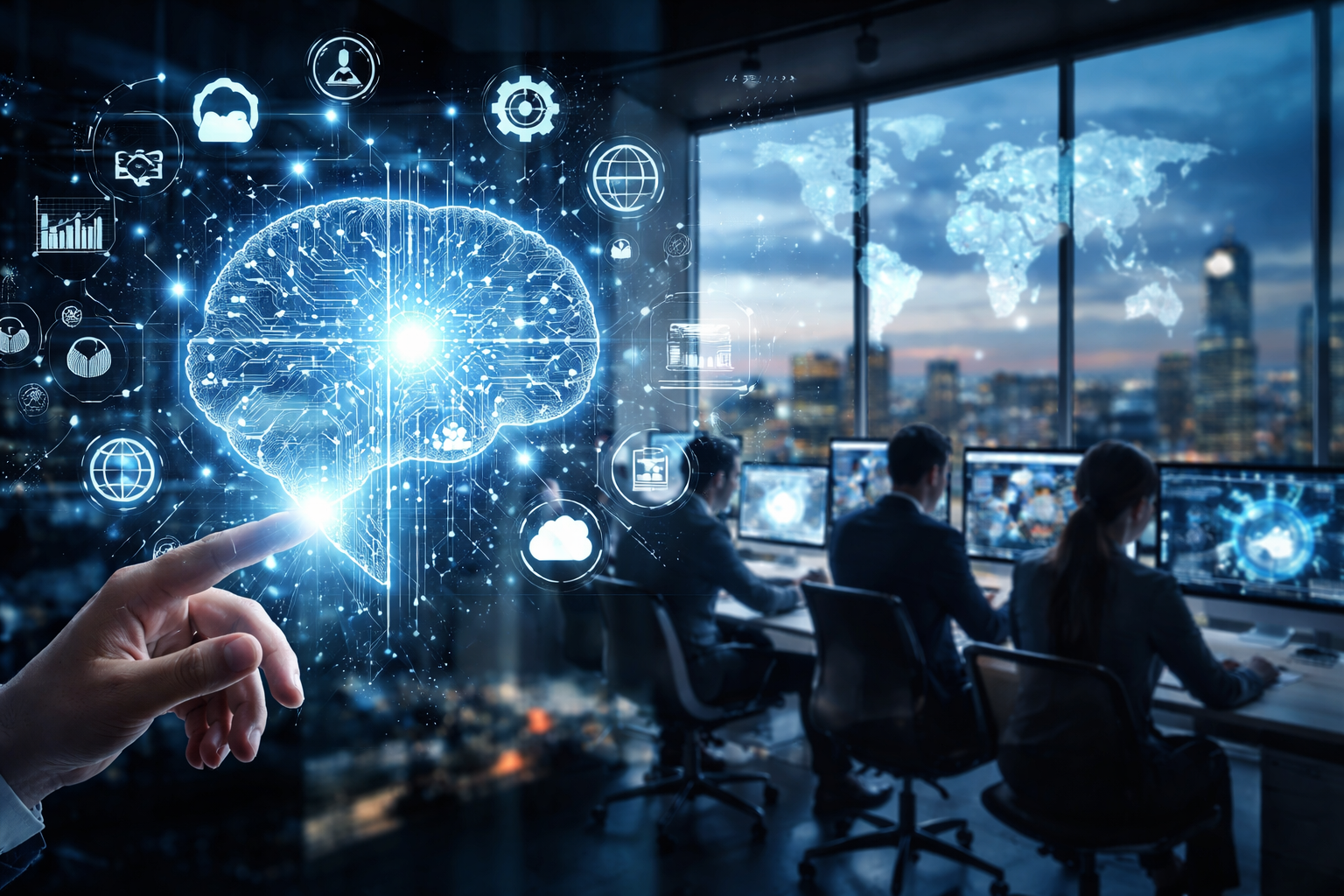 AI in business transforming global companies with digital brain and data analytics technology in modern office