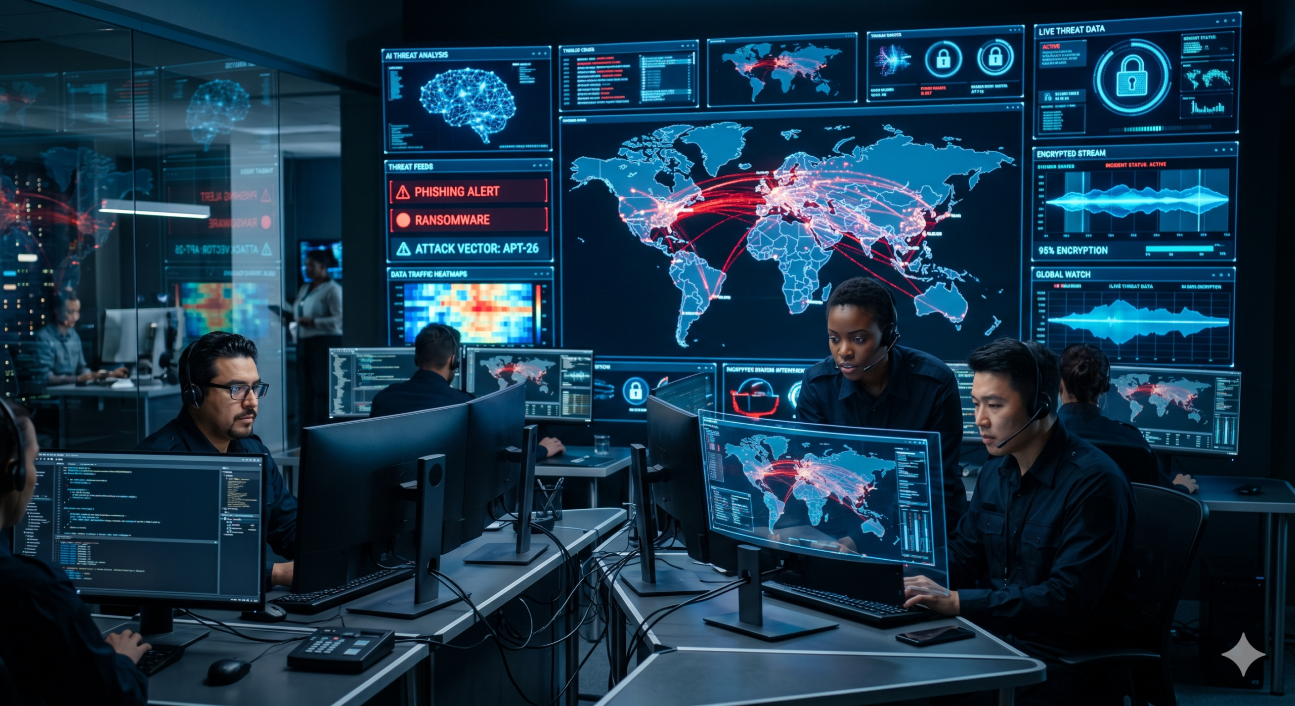 Cybersecurity analysts monitoring real-time global cyber threats including phishing and ransomware attacks in a high-tech security operations center in 2026