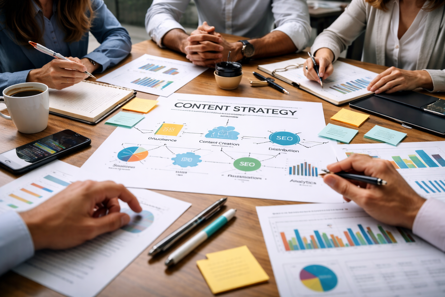team planning content strategies with marketing charts, SEO analytics, and conversion funnel data