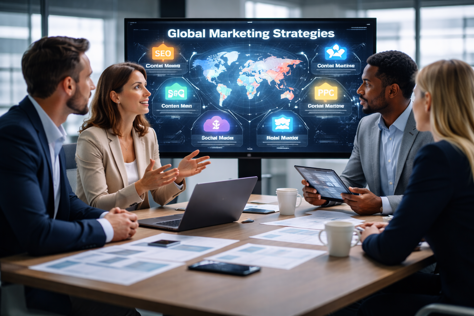 marketing team discussing digital marketing strategies for global growth with analytics dashboard