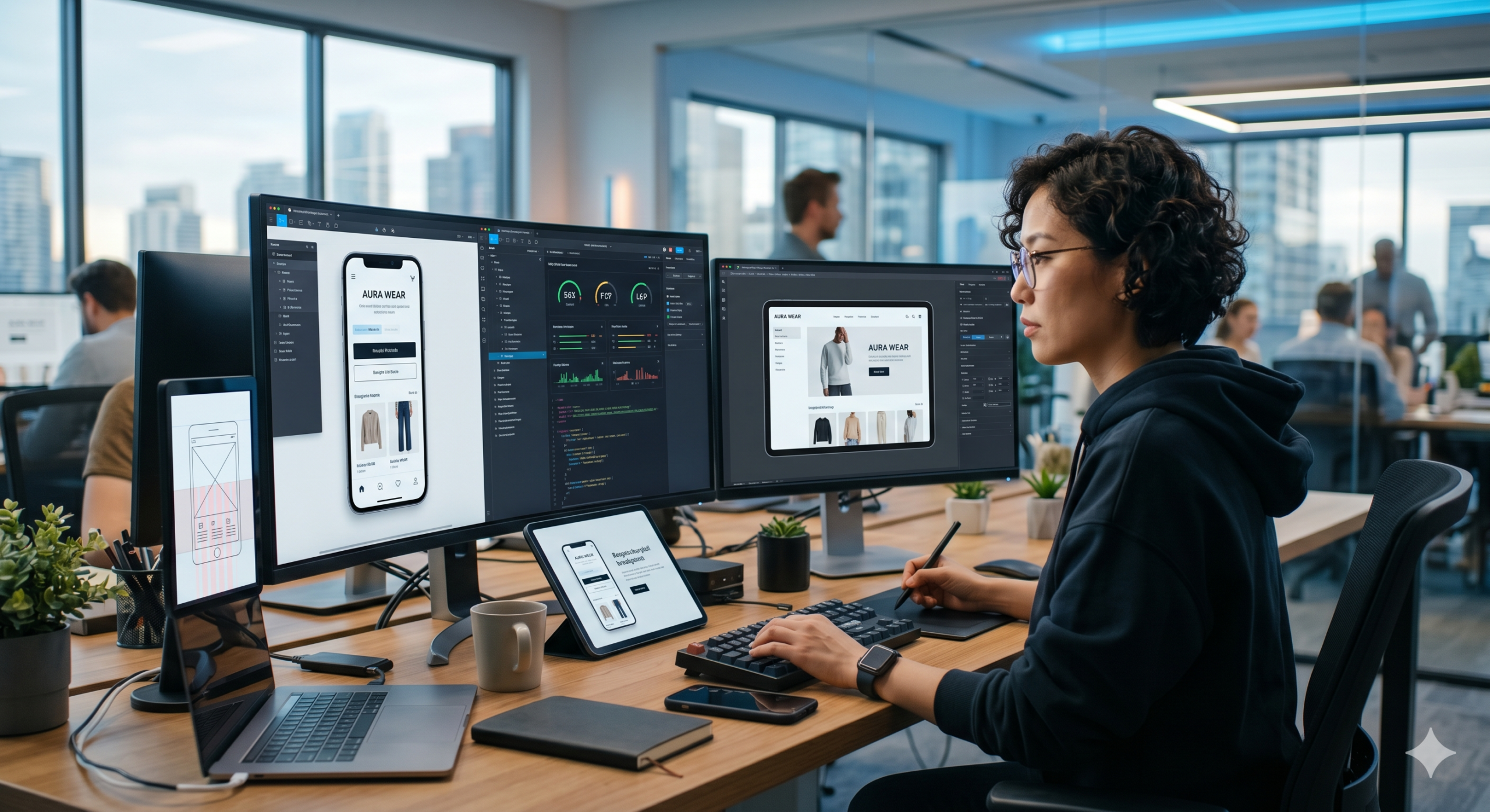 Mobile-first web design strategies in 2026 showing responsive layout across smartphone tablet and desktop screens