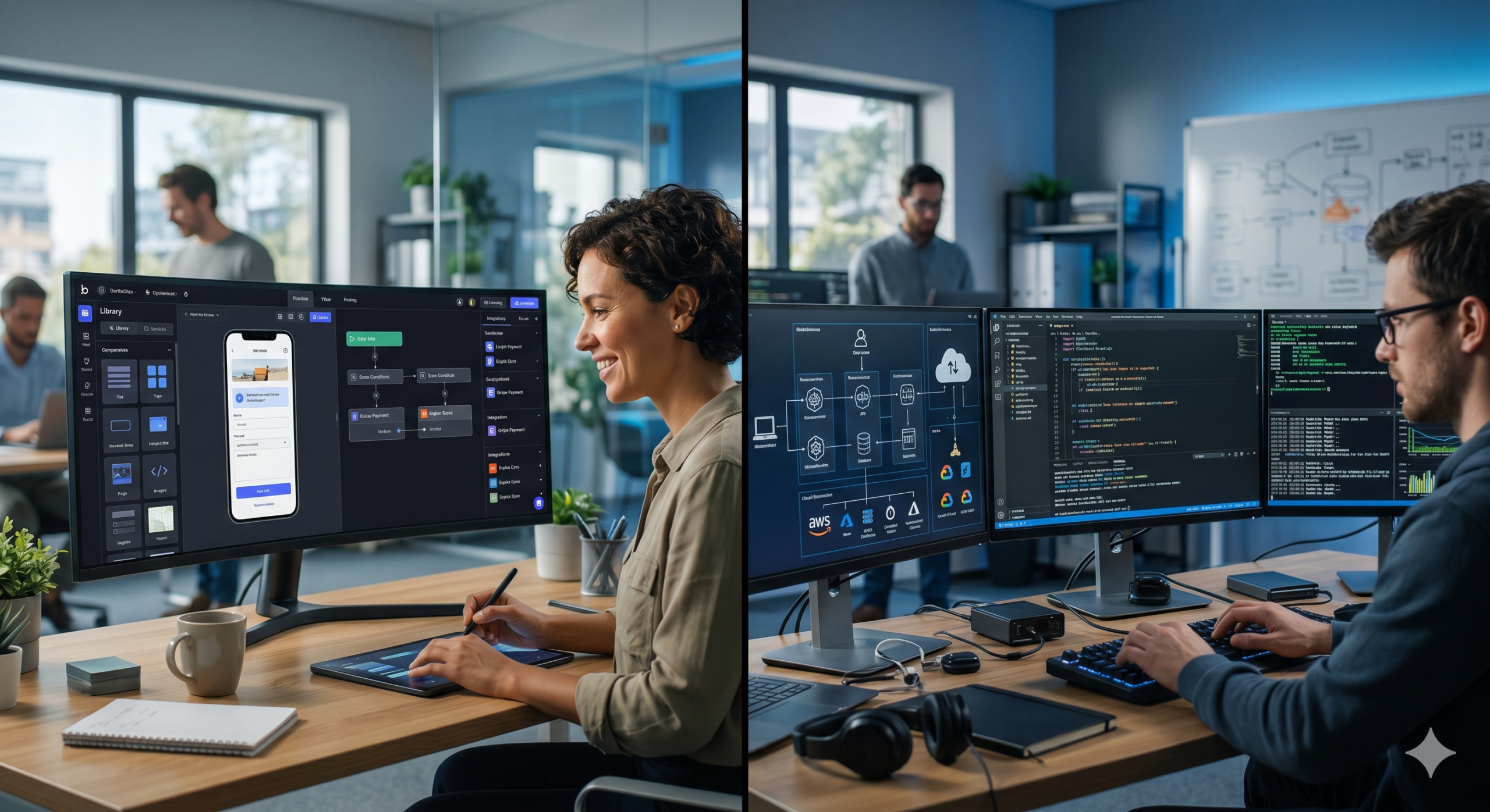 No-Code vs Custom Development in 2026 showing drag-and-drop app builder and developer coding on multiple screens