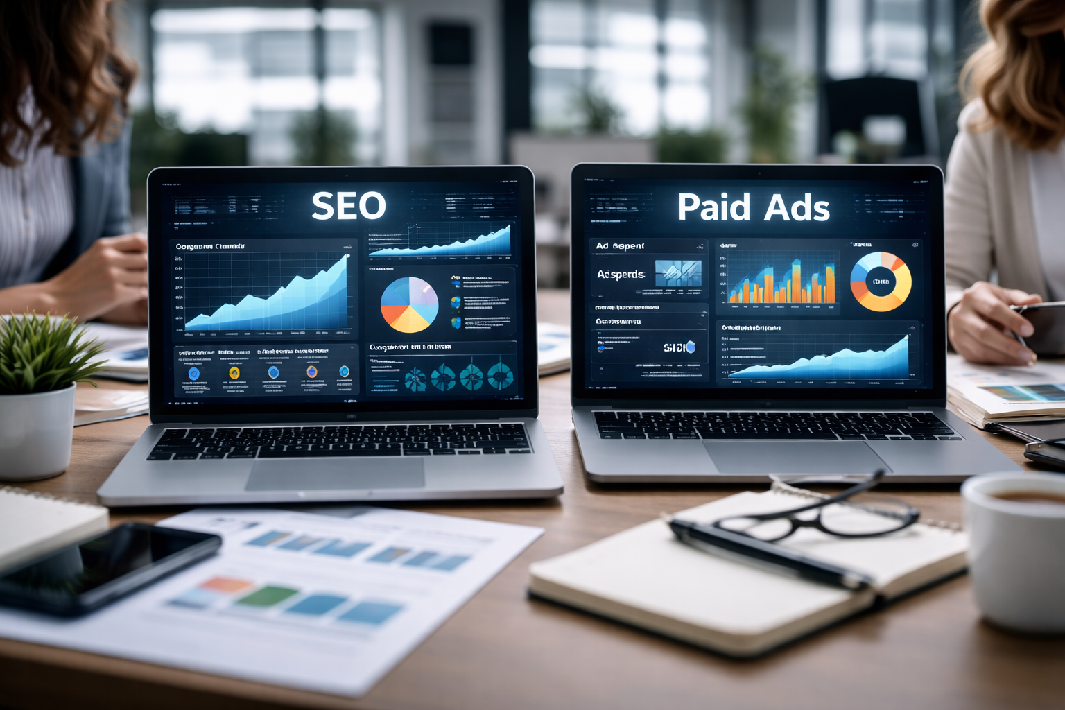 SEO vs paid ads comparison on laptops showing analytics dashboards and marketing performance data