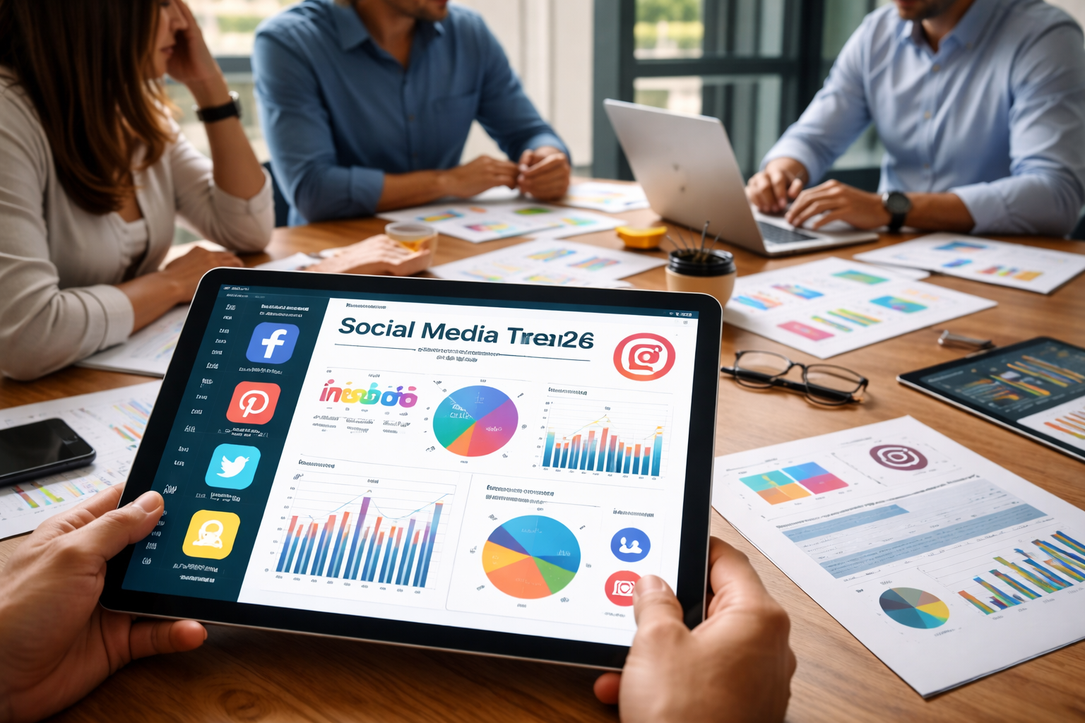 team analyzing social media trends data on tablet with engagement analytics and marketing charts