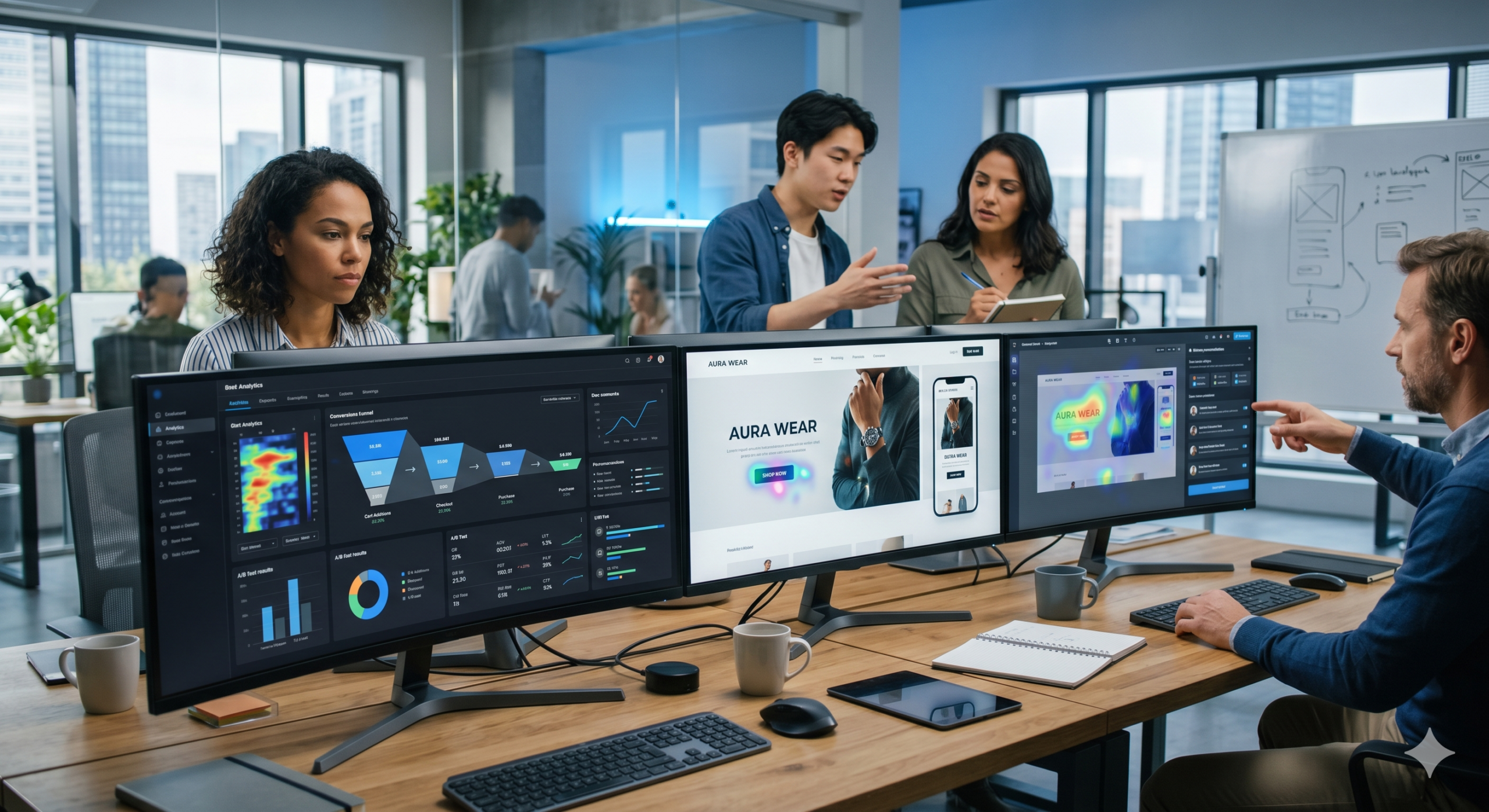 UX UI trends that increase conversions in 2026 showing analytics dashboards, heatmaps, and optimized website design