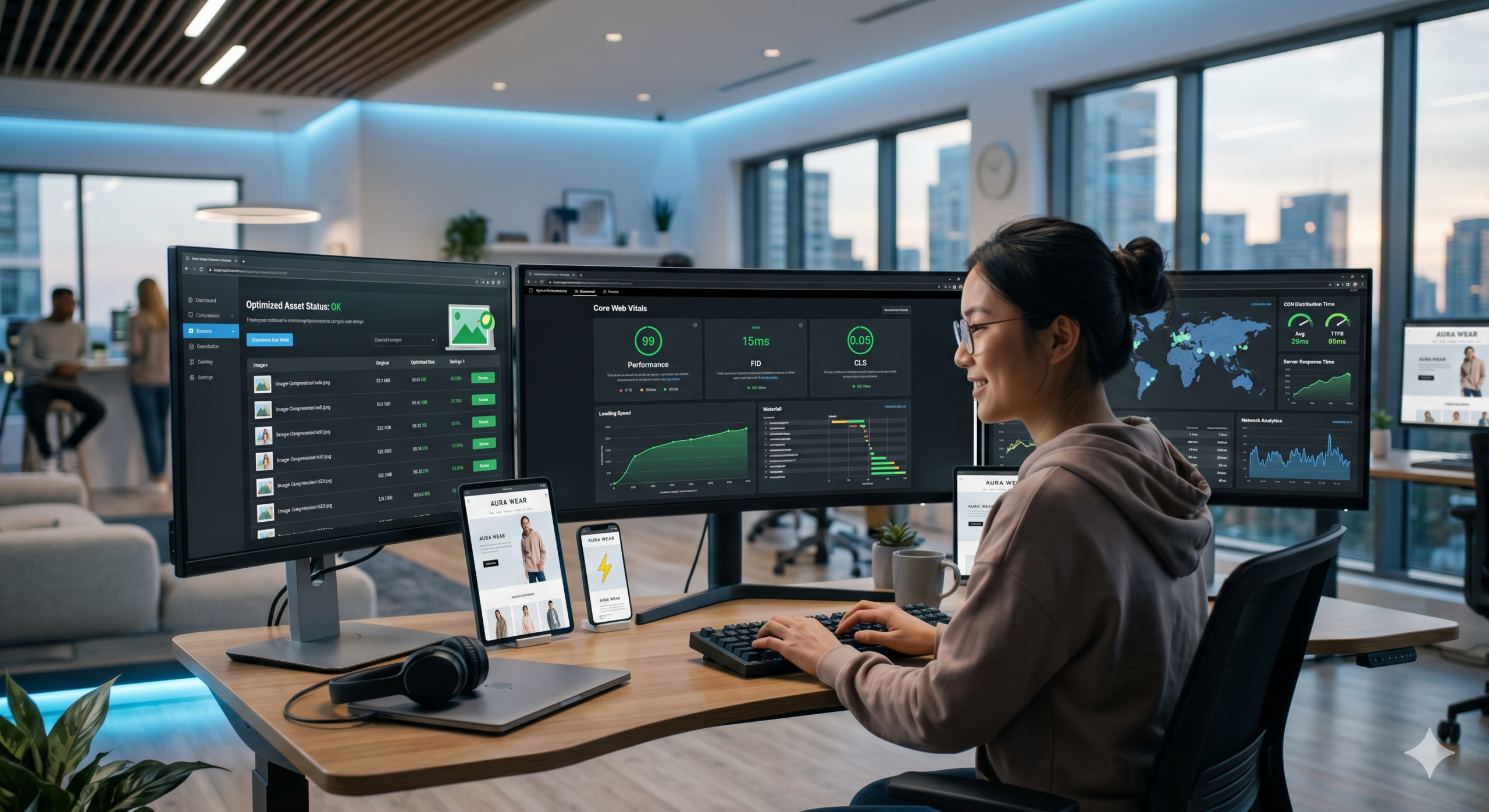 Website speed optimization guide 2026 showing performance dashboard, Core Web Vitals, and fast-loading website metrics