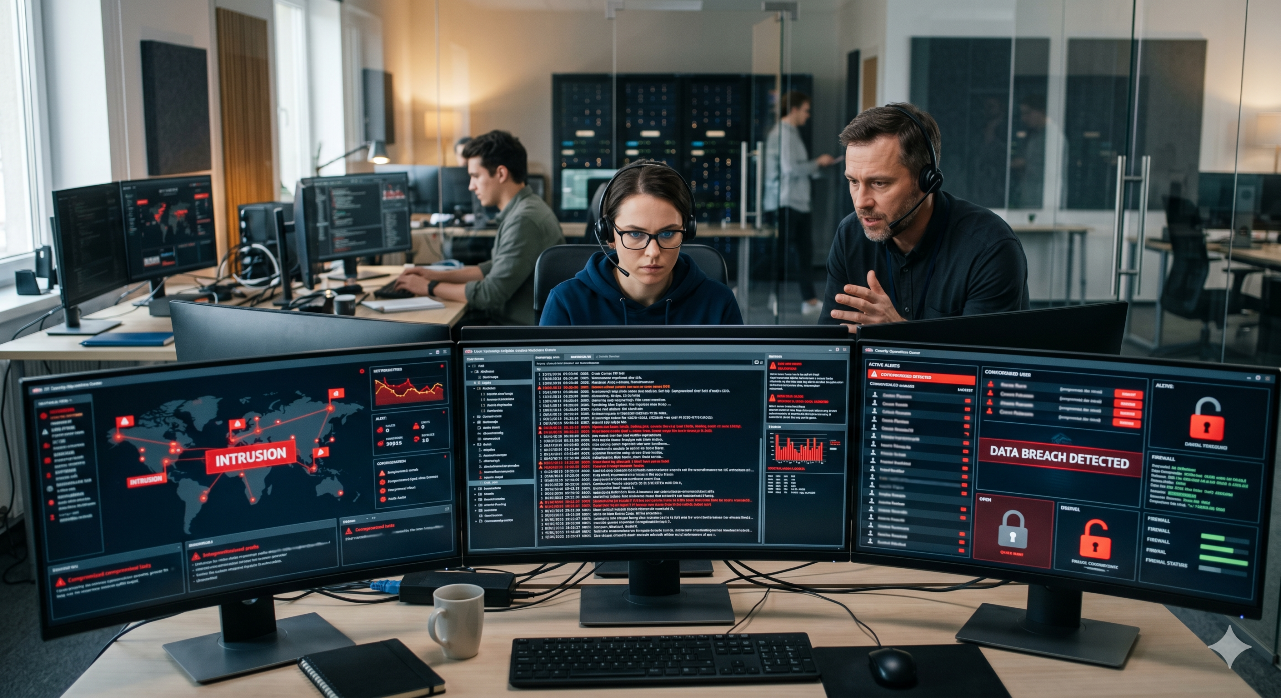 What to do after a data breach in 2026 with cybersecurity team responding to alerts and securing compromised systems