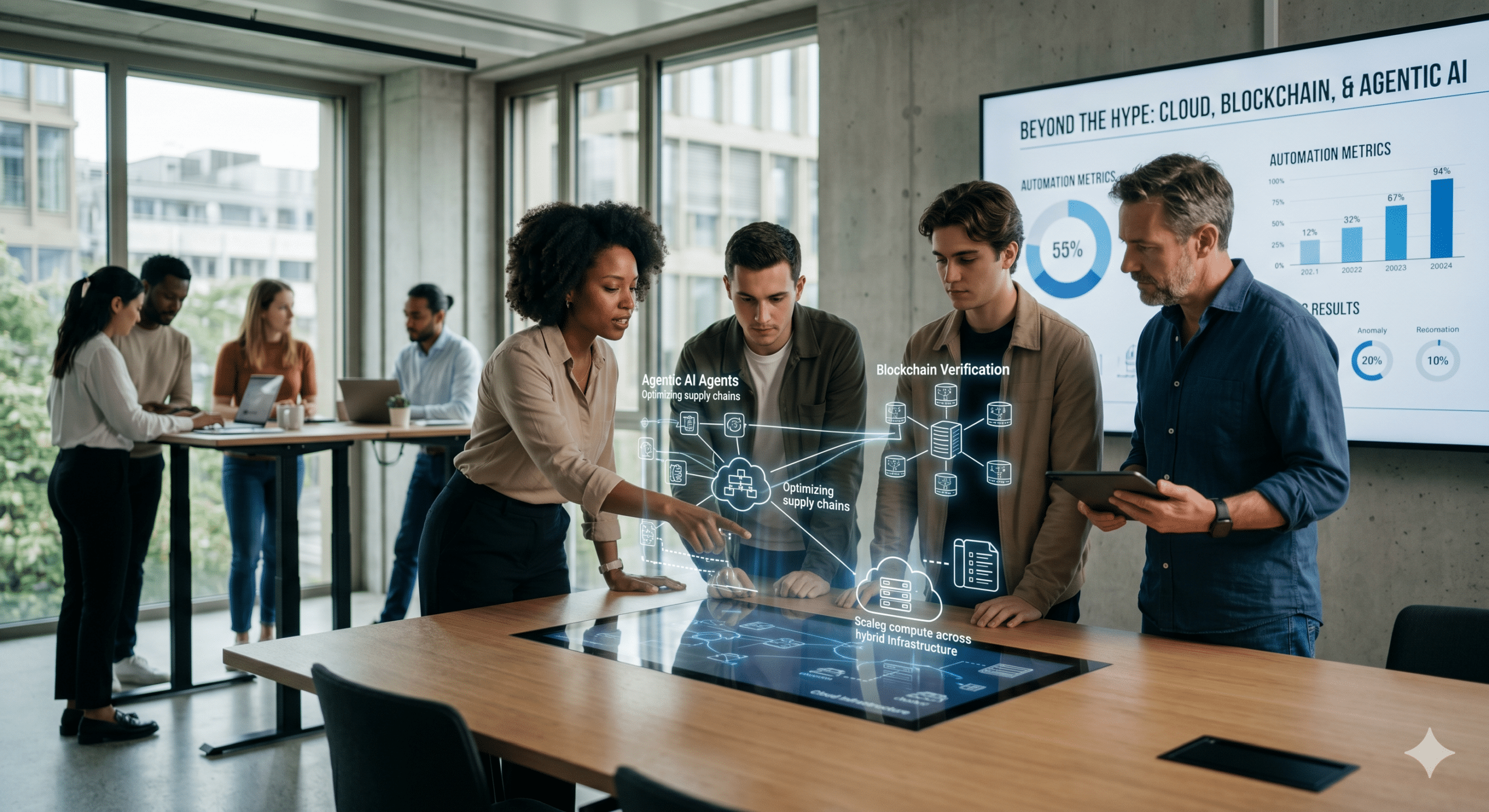 Team of IT professionals collaborating on AI and automation trends using cloud computing, blockchain verification, and agentic AI technology in a modern office.
