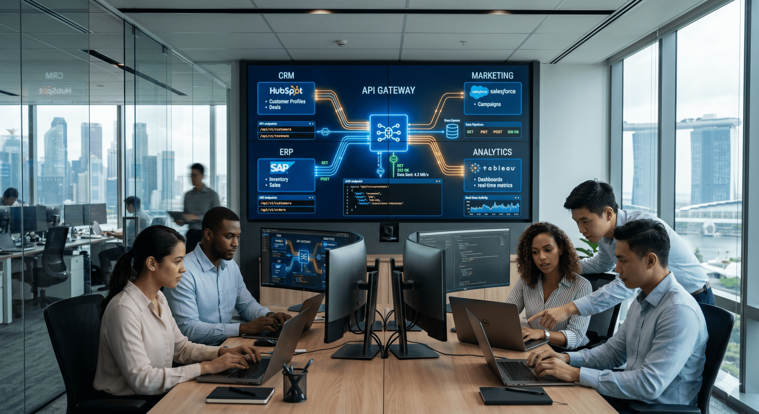 API integration for businesses showing CRM, ERP, marketing, and analytics systems connected through API gateway and data flow