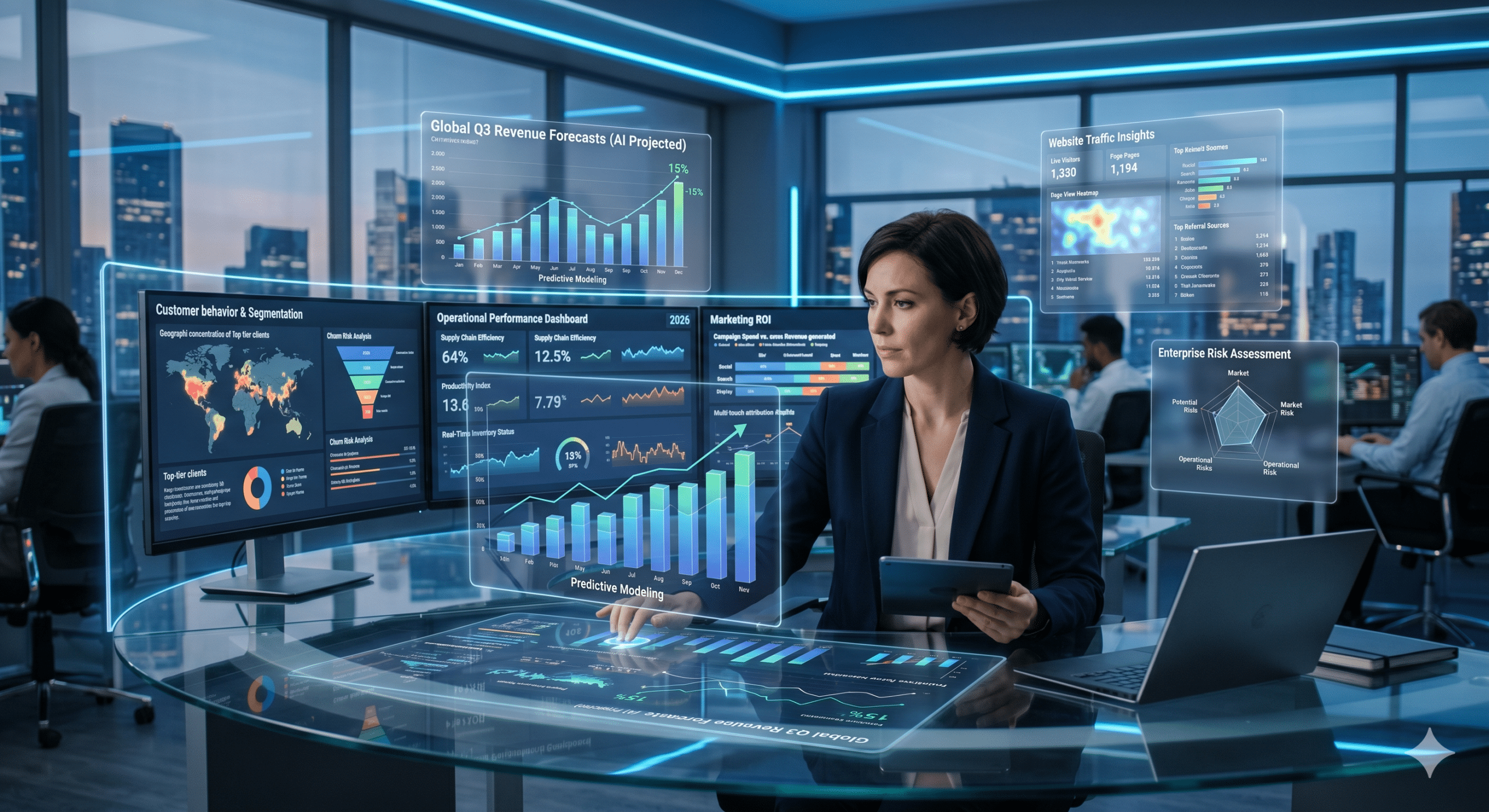 Business professional using AI-powered analytics dashboards, predictive modeling, and real-time business intelligence tools in a futuristic office in 2026