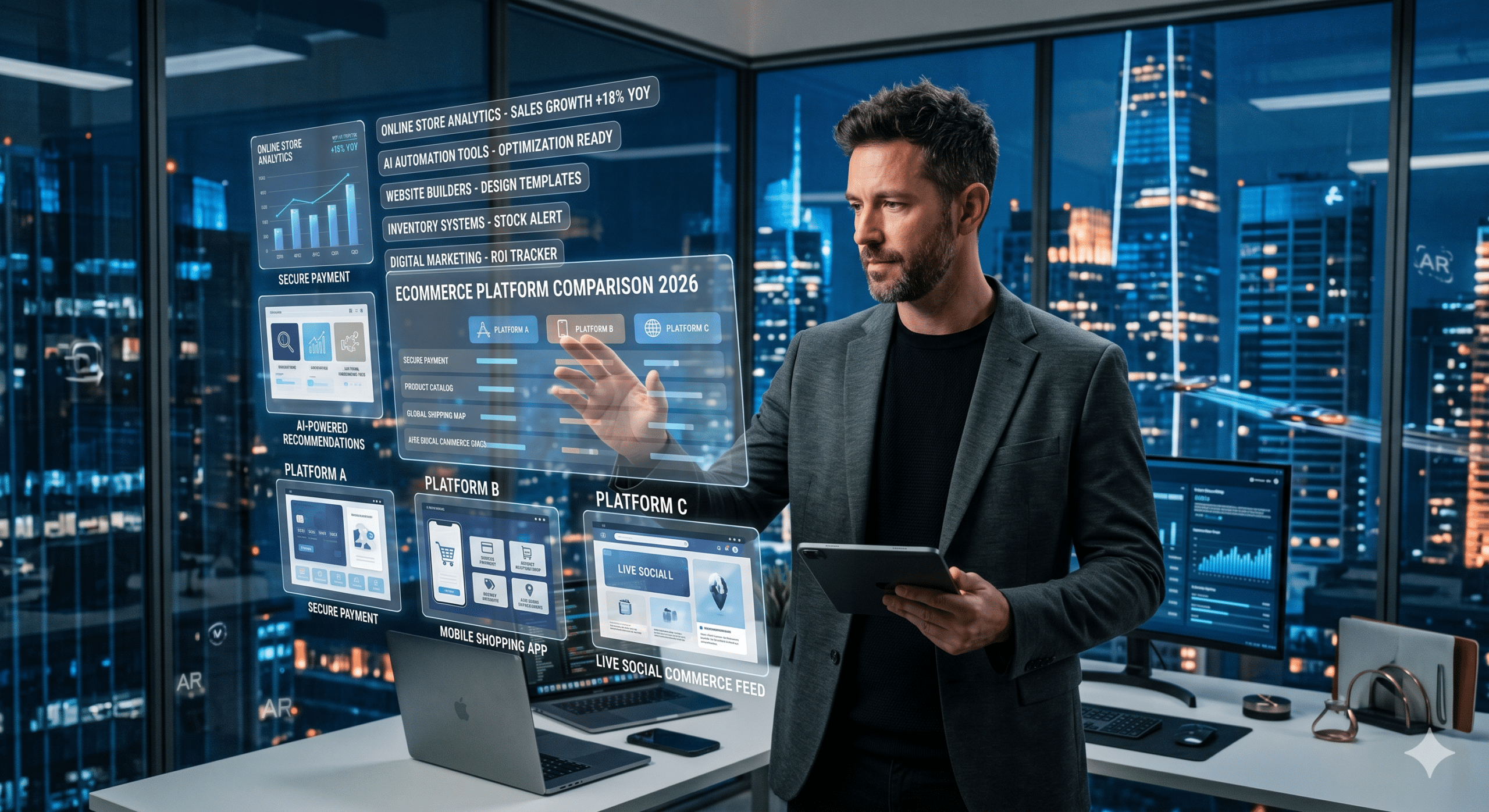 Entrepreneur comparing the best e-commerce platforms for online stores using AI-powered analytics and digital commerce dashboards in 2026