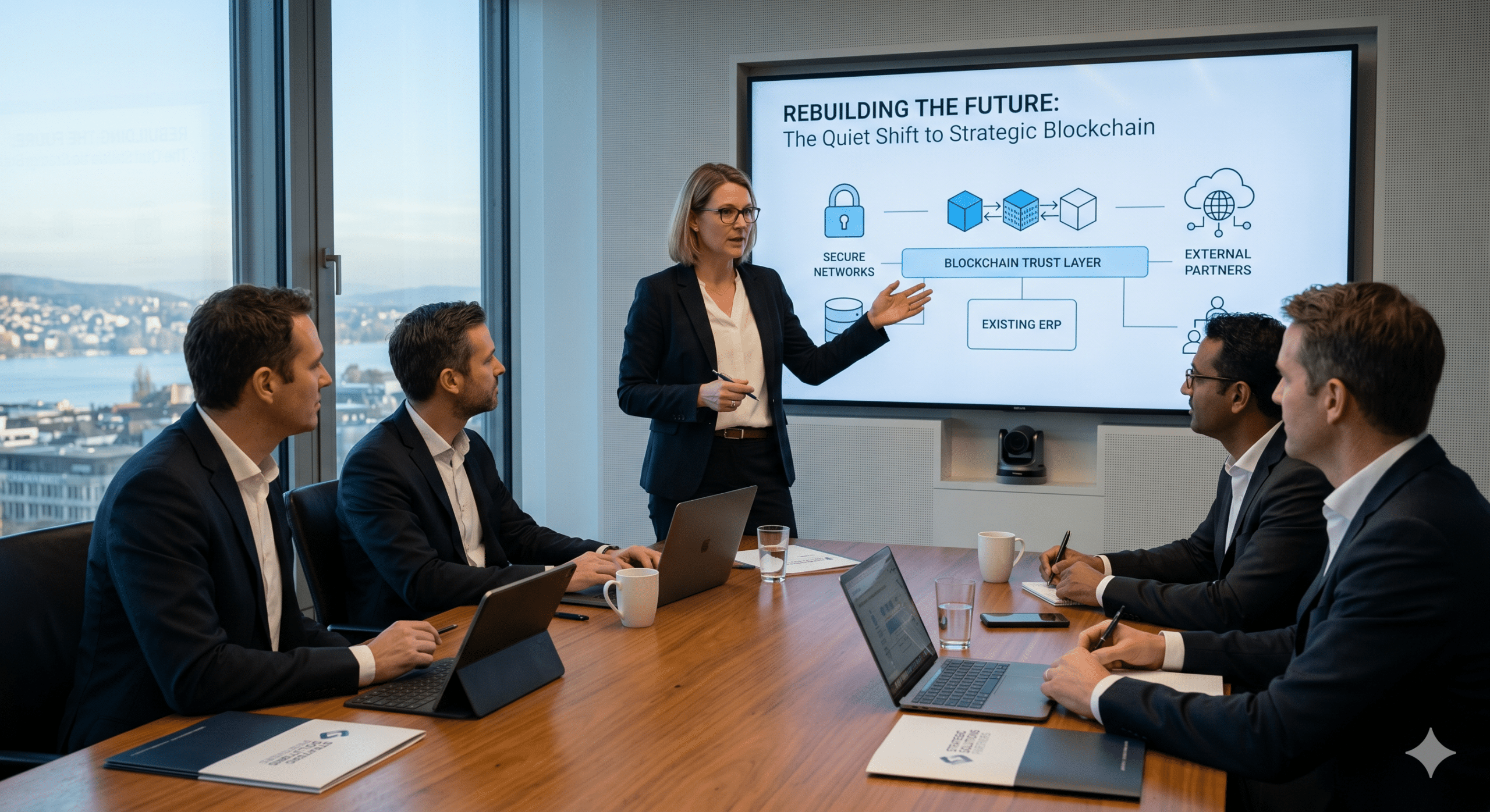 Business consulting team discussing blockchain in business strategy during a corporate meeting with cloud computing and digital transformation presentation on screen