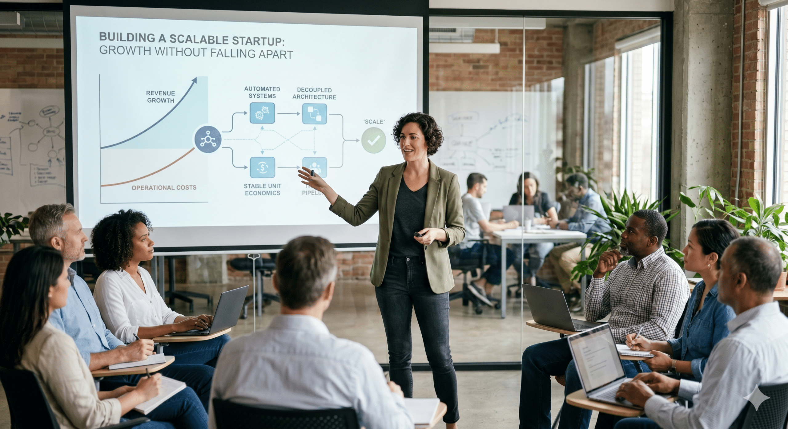 Business team presentation about how to build a scalable startup with growth strategies, automation systems, and operational scaling