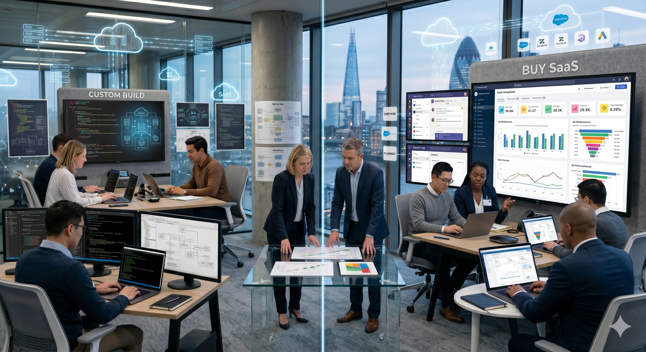 Building custom software vs buying SaaS comparison showing developers coding and business teams using cloud SaaS dashboards