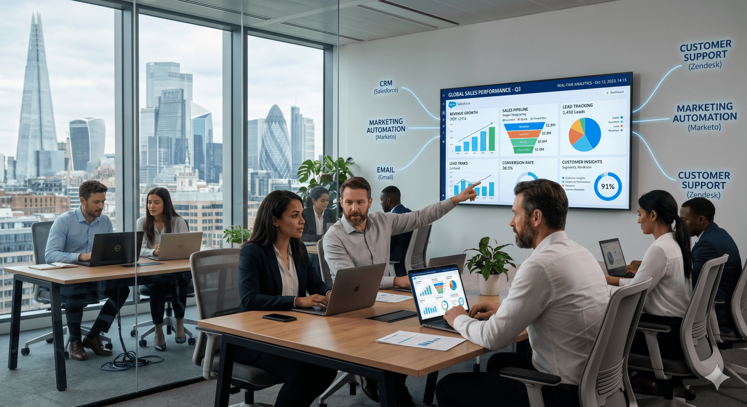 CRM integration for better sales showing connected marketing, email, and support systems with sales dashboard analytics