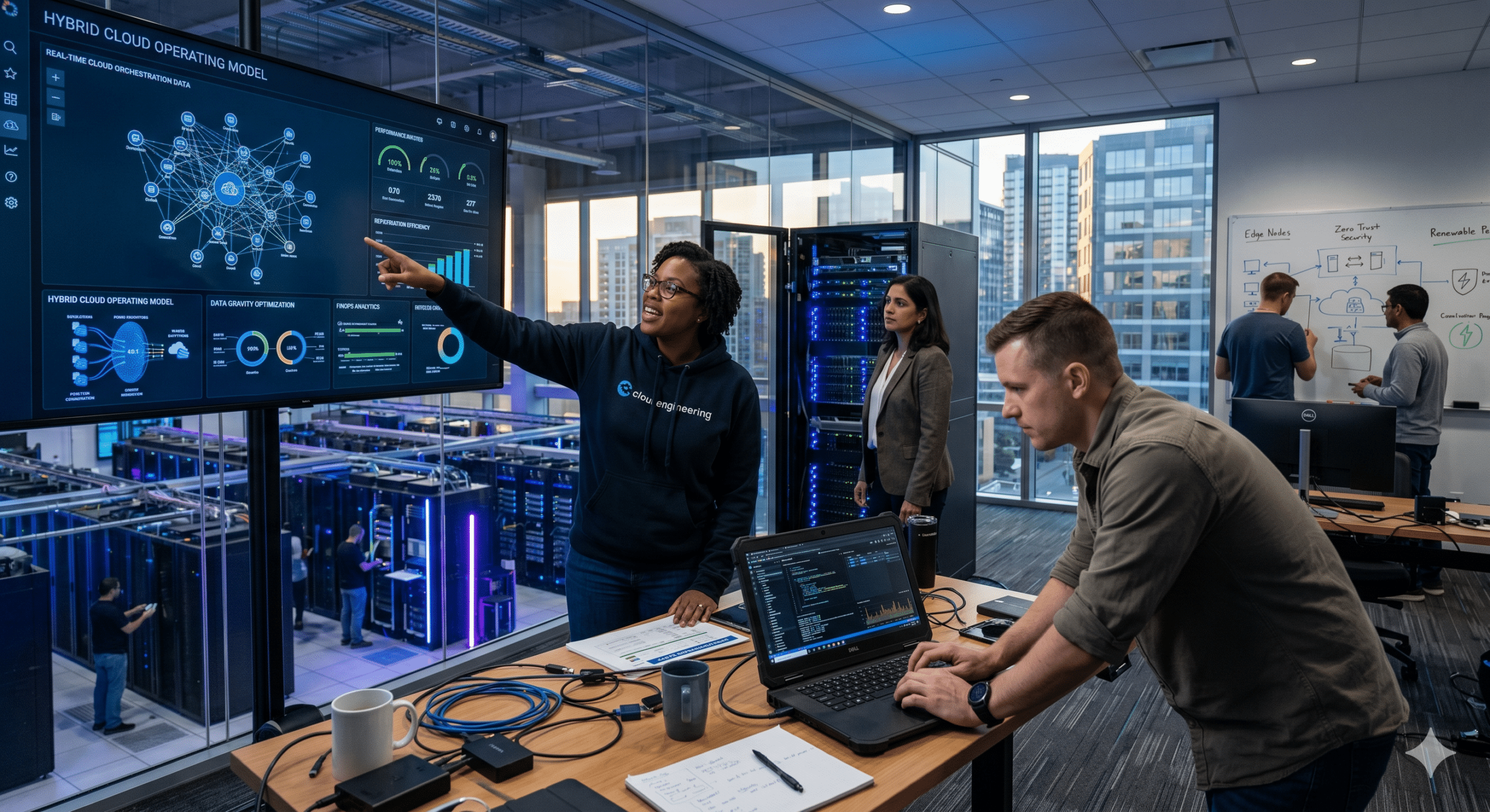 Cloud engineering team monitoring hybrid cloud computing infrastructure and real-time data analytics inside a modern data center