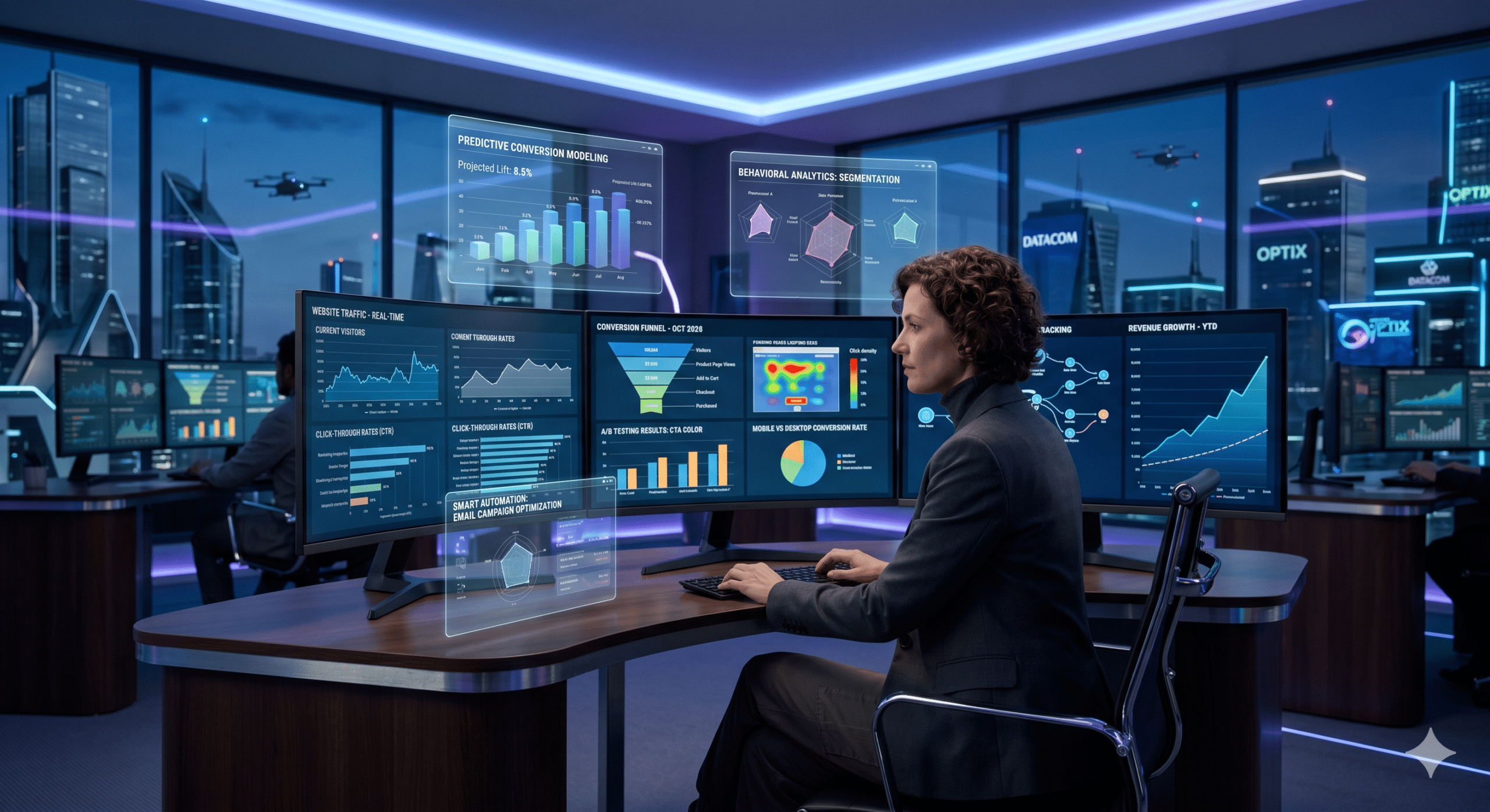 Digital marketing strategist analyzing AI-powered conversion optimization dashboards, website analytics, and customer behavior data in a futuristic office in 2026
