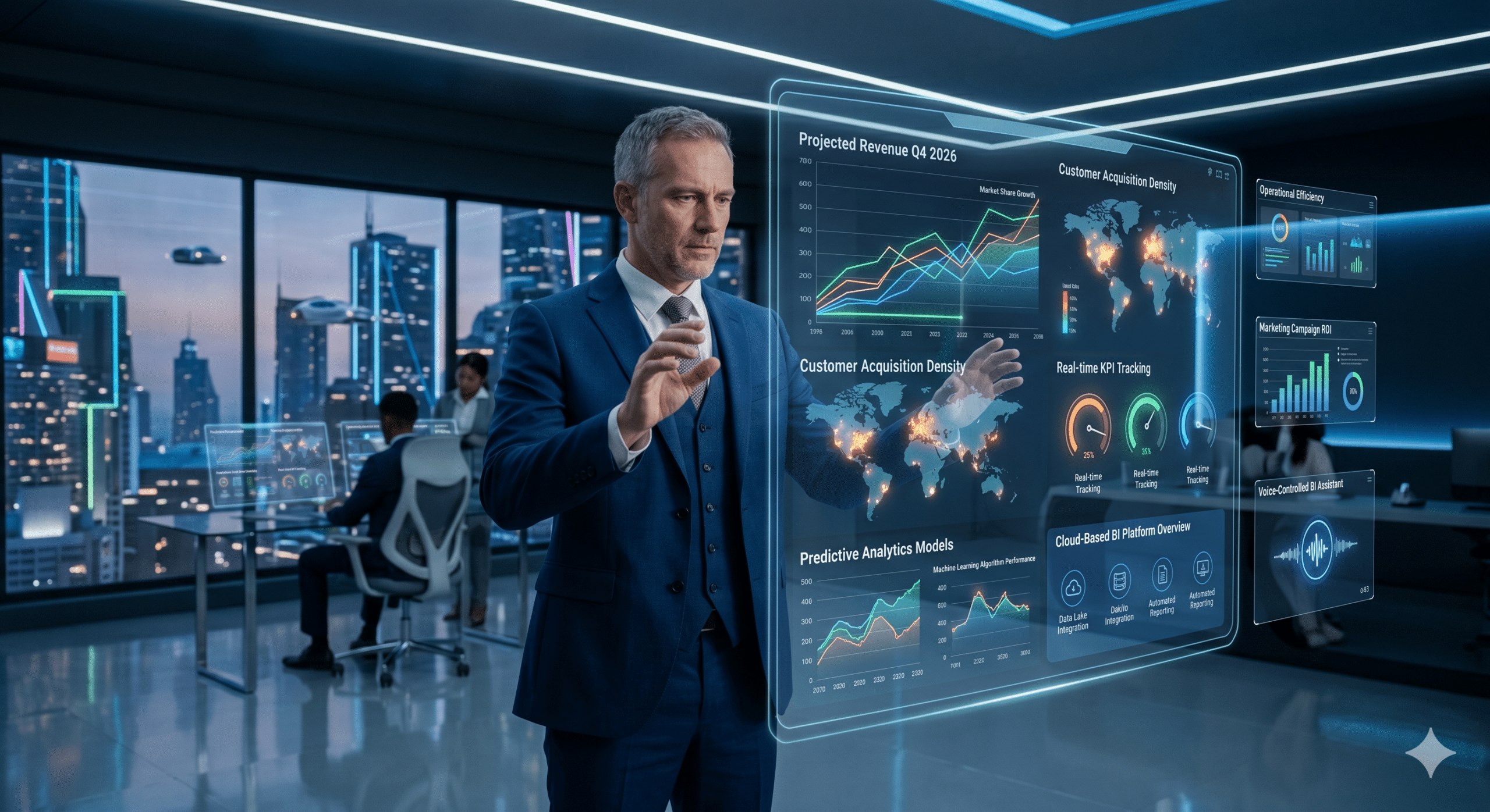 Business executive analyzing AI-powered business intelligence dashboards, predictive analytics, and real-time data visualization systems in a futuristic office in 2026
