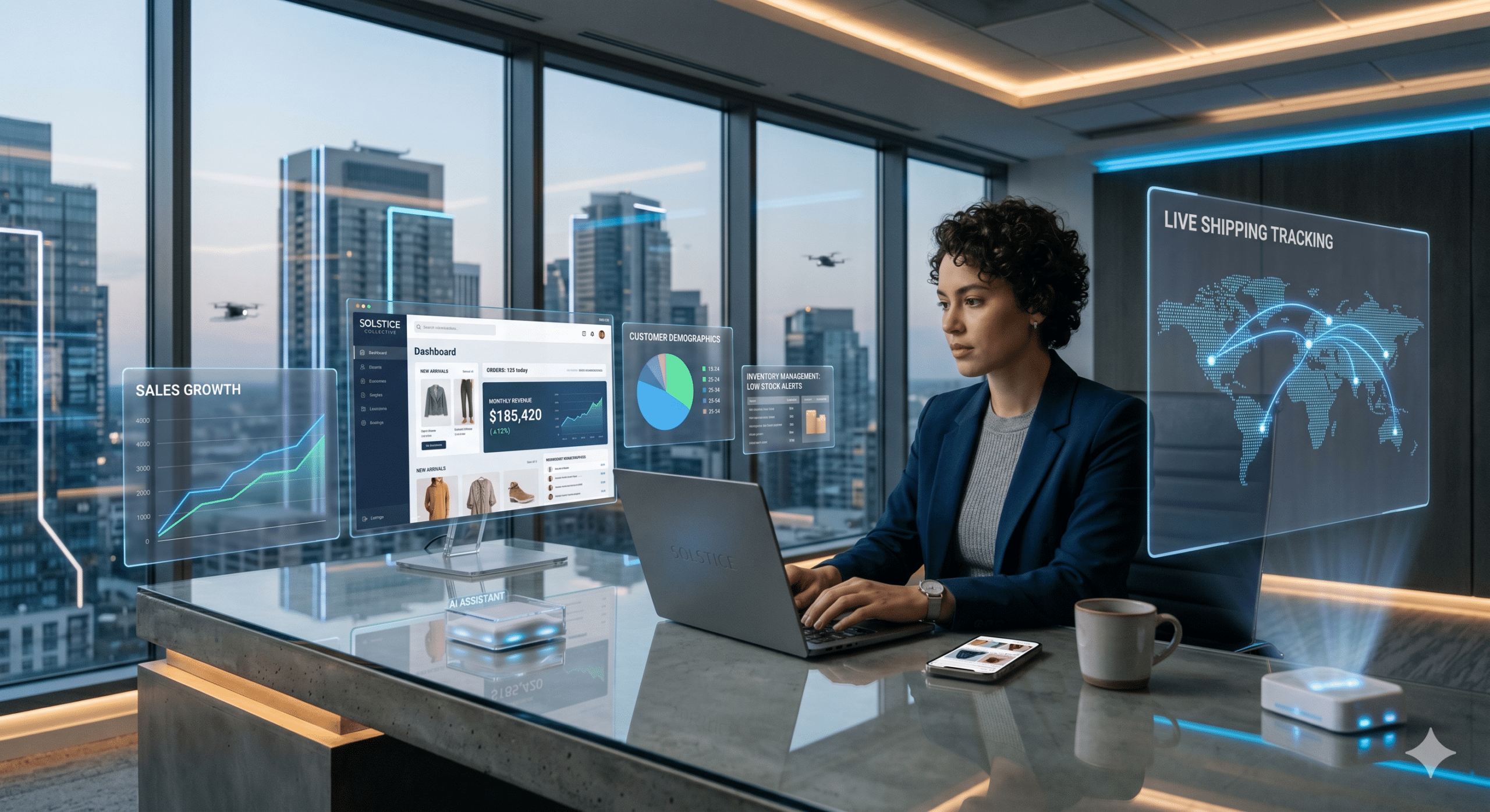 Futuristic e-commerce entrepreneur managing AI-powered online business dashboards and global shipping analytics in a modern digital office in 2026