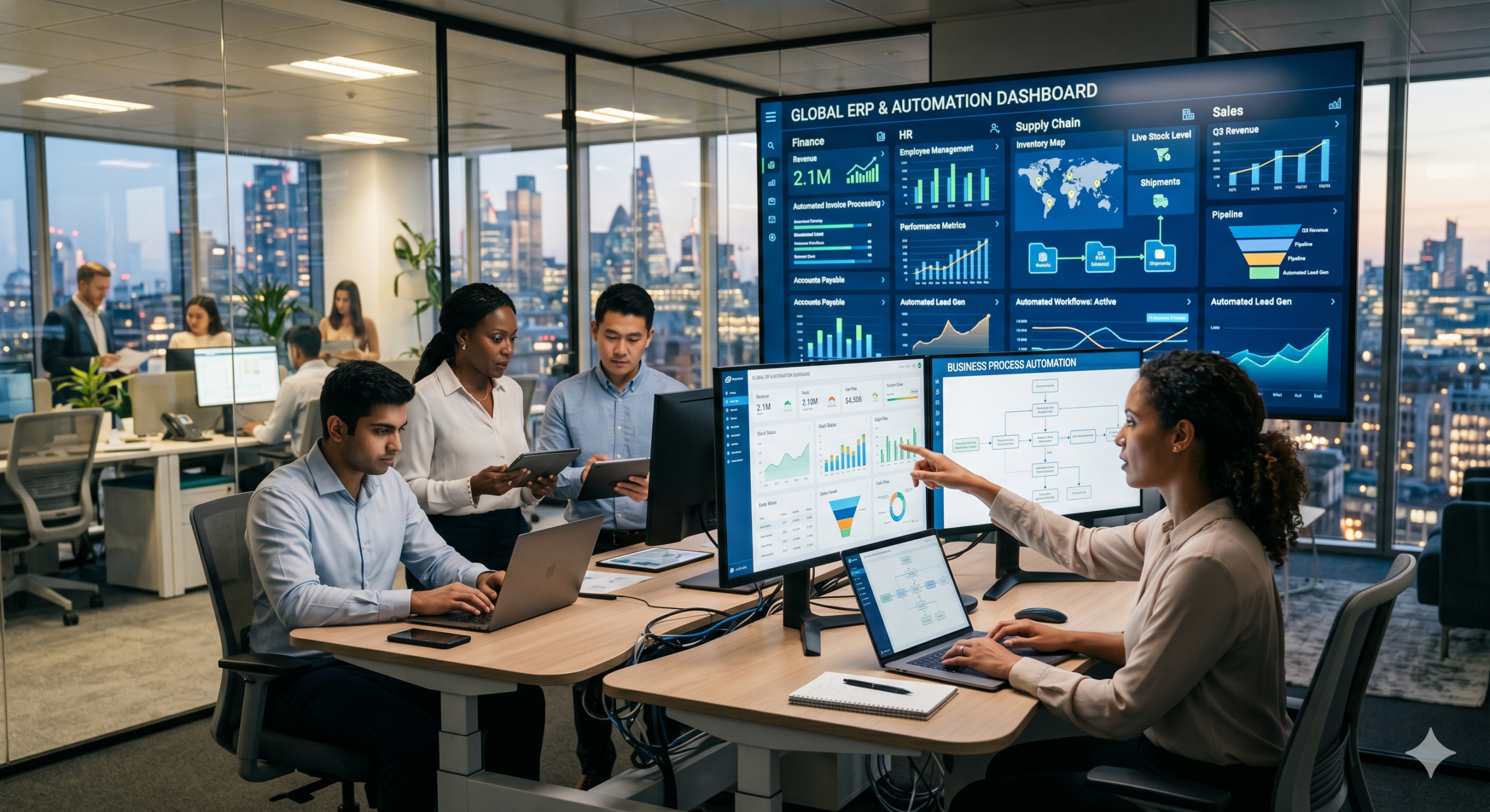ERP systems and business automation dashboard showing finance, HR, supply chain, and sales analytics with automated workflows