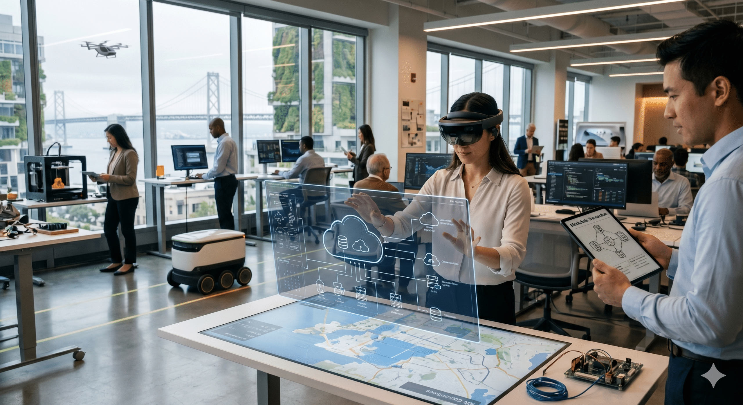 Futuristic smart office showcasing emerging tech trends including cloud computing, blockchain systems, AI, augmented reality, robotics, drones, and IoT innovation.