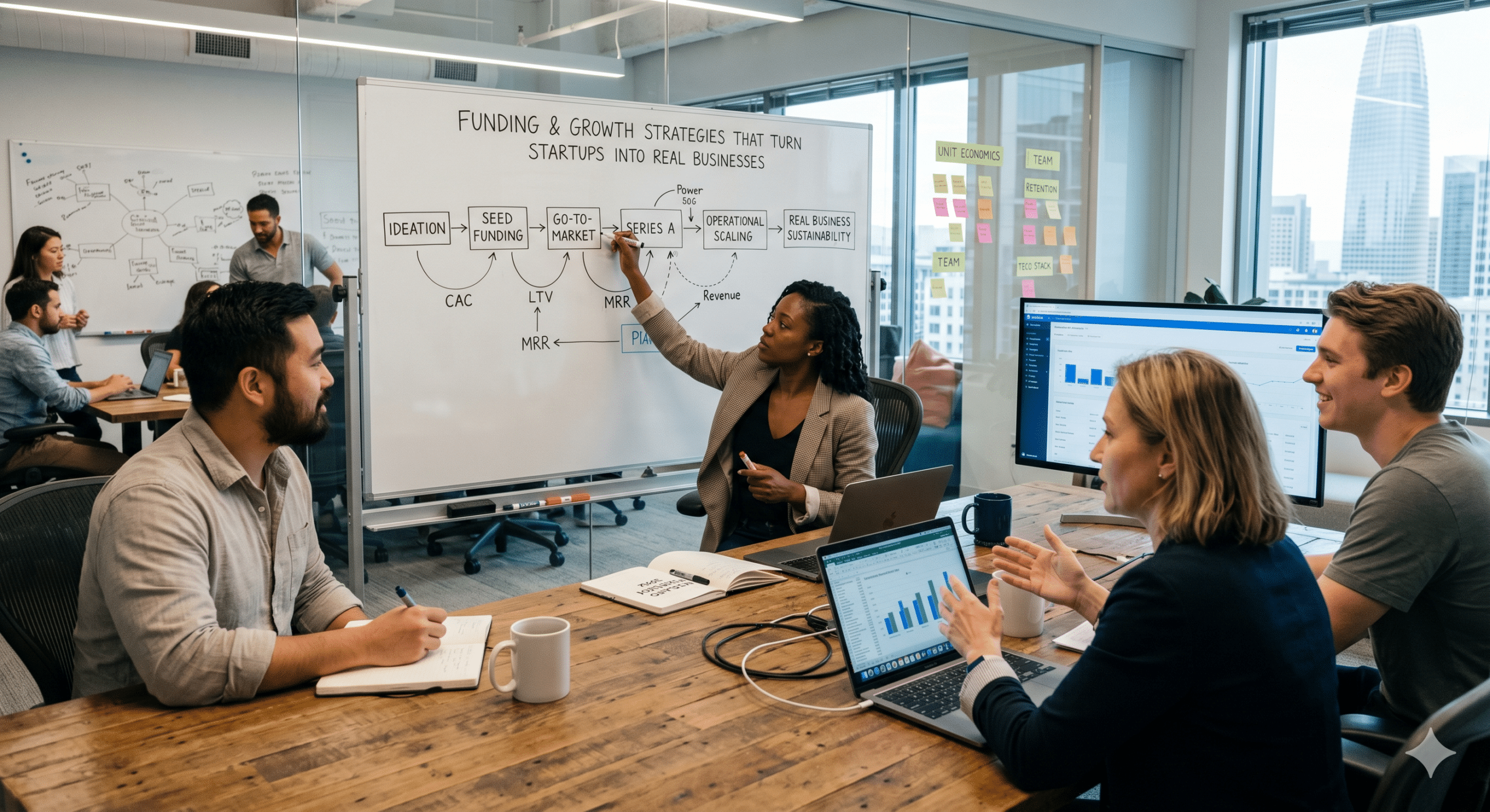 Funding & growth strategies meeting with startup team discussing business scaling, seed funding, operational growth, SaaS metrics, and startup sustainability in a modern office.