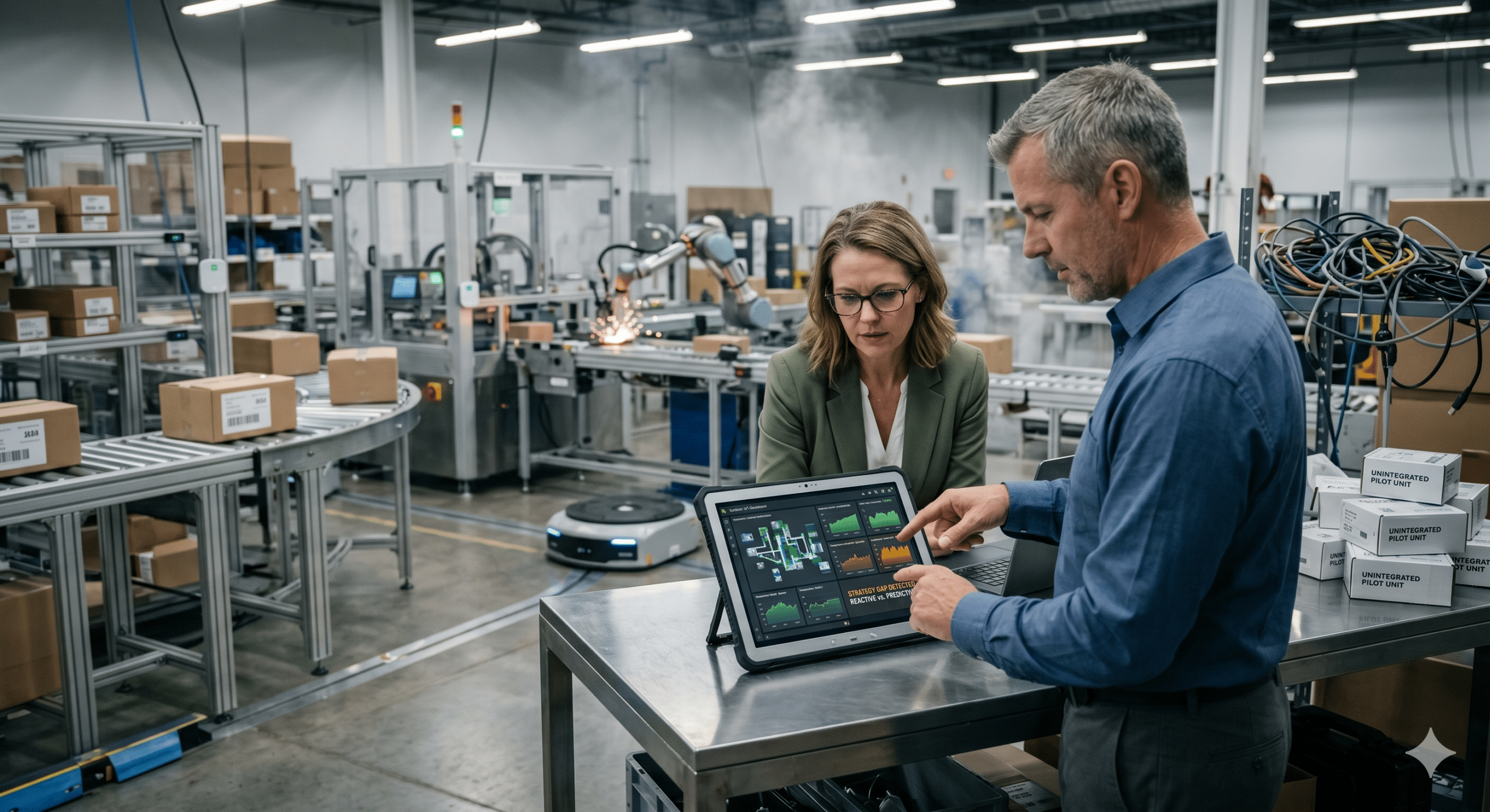 Business consultants and engineers monitoring IoT automation systems in a smart manufacturing facility using real-time analytics dashboard