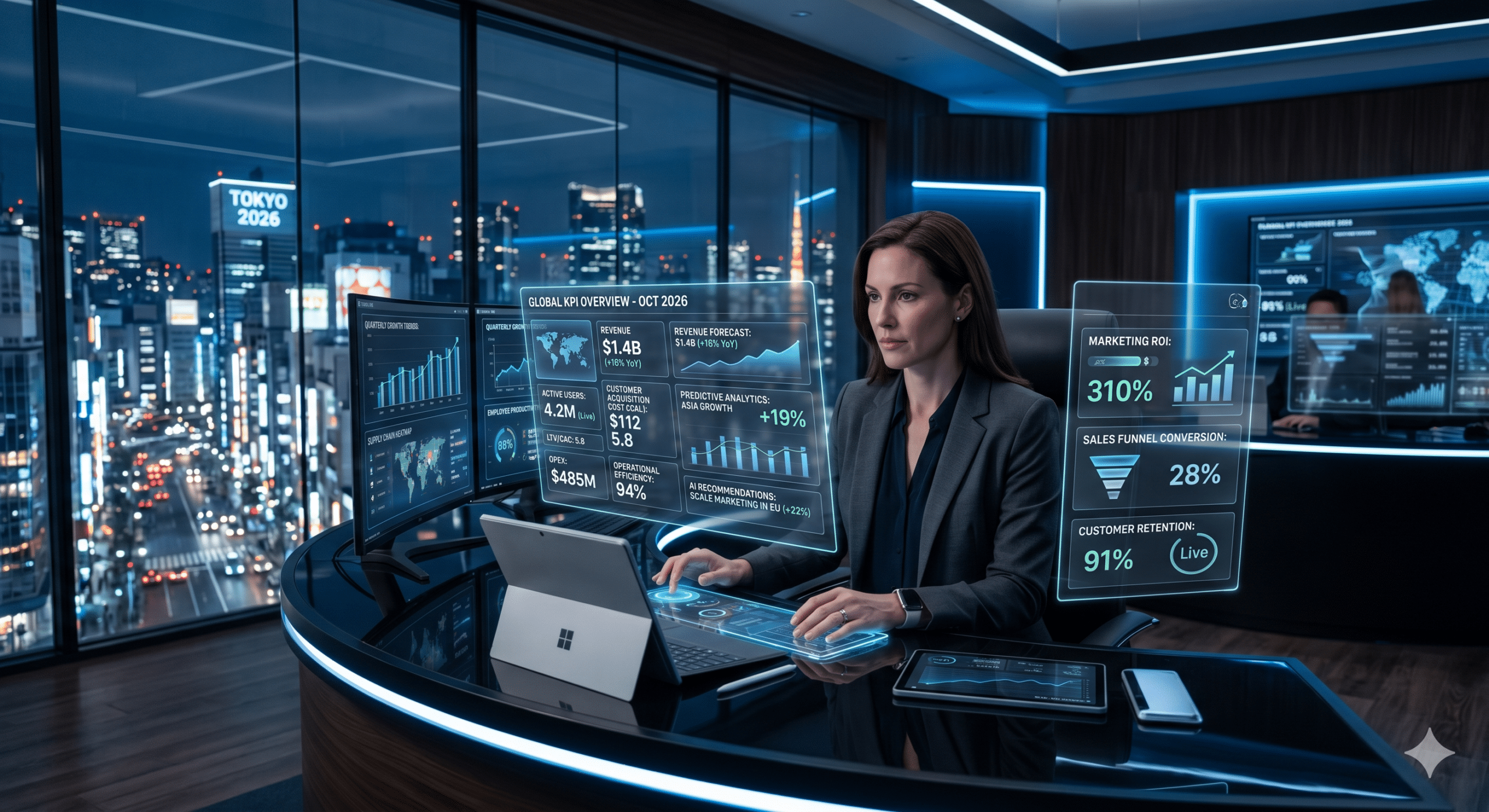 Business executive monitoring AI-powered KPI tracking dashboards, revenue analytics, and real-time growth metrics in a futuristic office in 2026