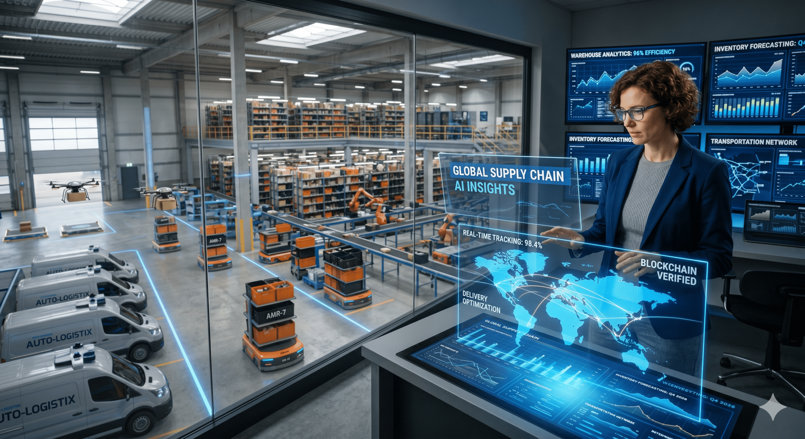 Logistics manager monitoring AI-powered supply chain analytics, warehouse automation, and global fulfillment technology in a smart warehouse in 2026