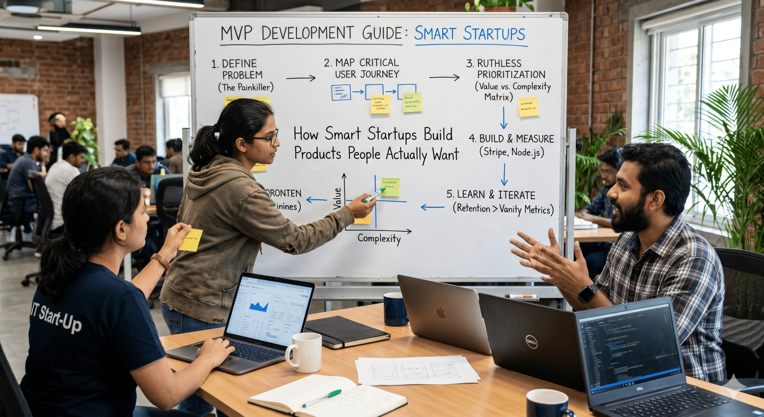 MVP Development Guide whiteboard presentation showing smart startup product planning, feature prioritization, user journey mapping, and agile software development collaboration in a modern IT startup office.