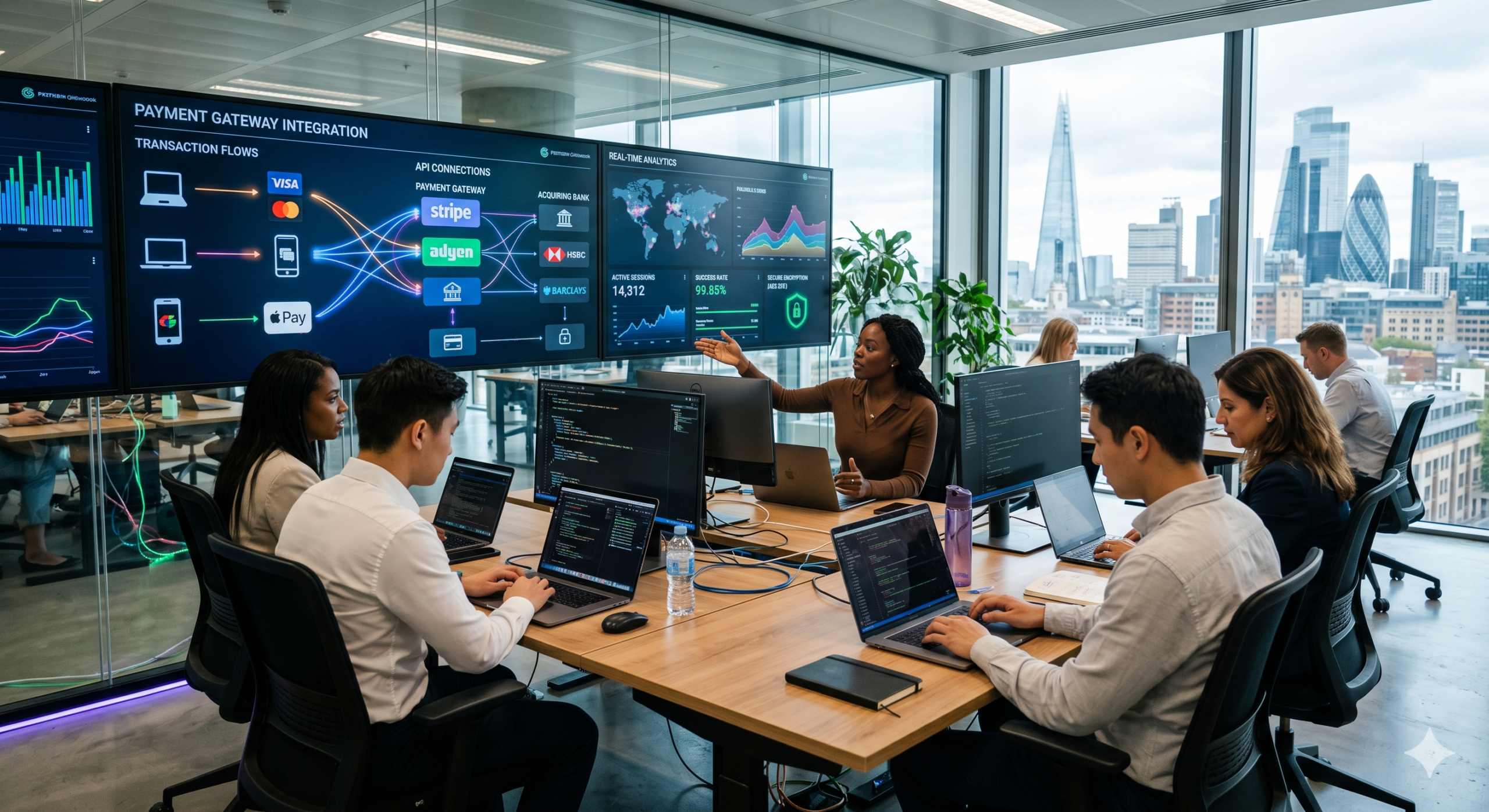 Payment gateway integration showing API connections, transaction flows, and real-time analytics with Stripe, Adyen, and digital payments