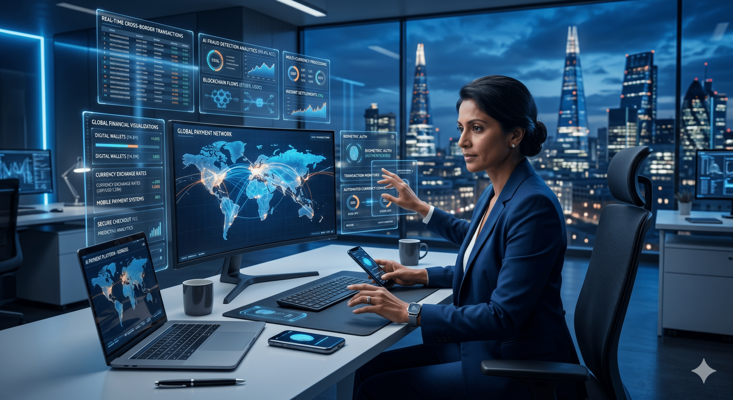 Global business executive managing AI-powered payment solutions, cross-border transactions, and multi-currency financial systems in a futuristic fintech office in 2026