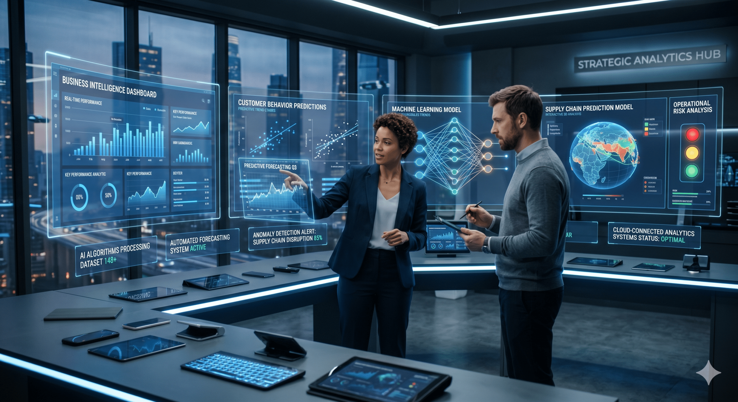 Business professionals using AI-powered predictive analytics dashboards, machine learning forecasting models, and real-time business intelligence systems in a futuristic office in 2026