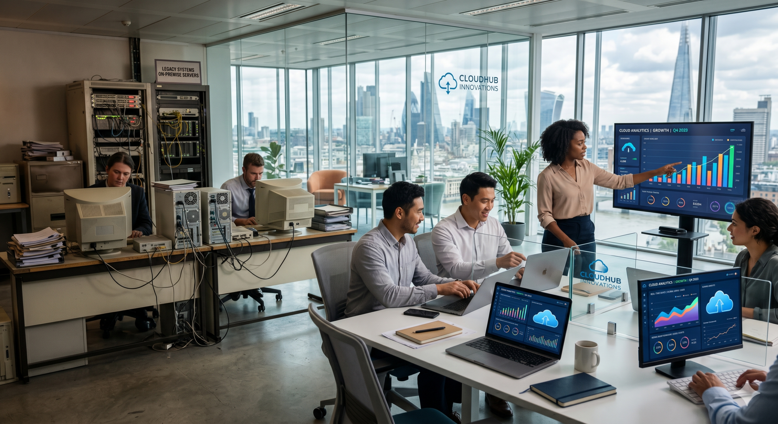 SaaS replacing traditional software with cloud dashboards while legacy on-premise systems operate in the background