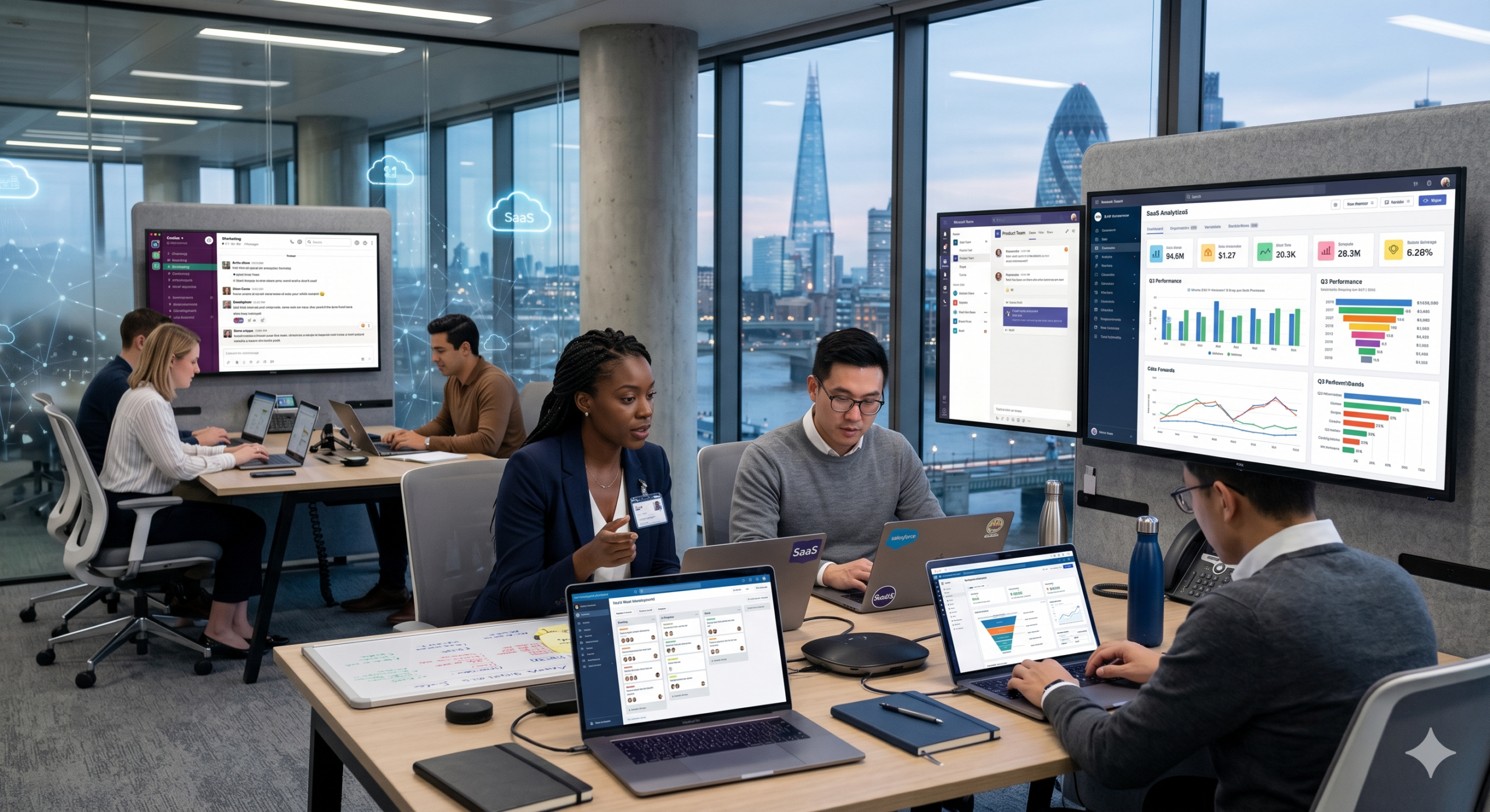 Team using SaaS tools for business productivity with dashboards, collaboration apps, and real-time analytics in a modern office