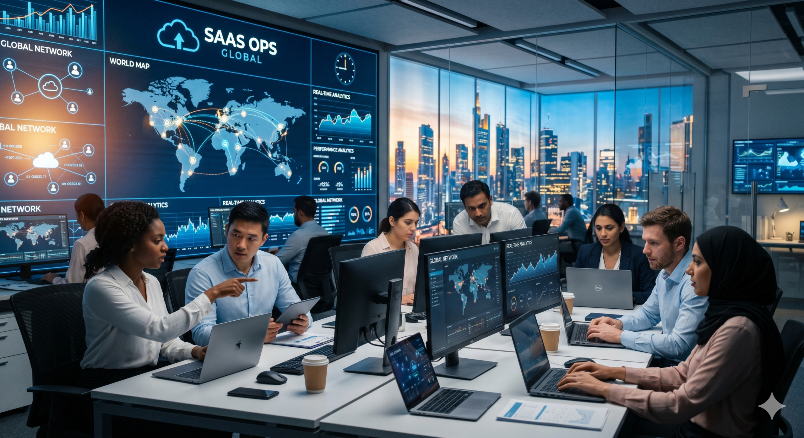Global SaaS business operations team analyzing real-time data dashboards and world map analytics in a modern office