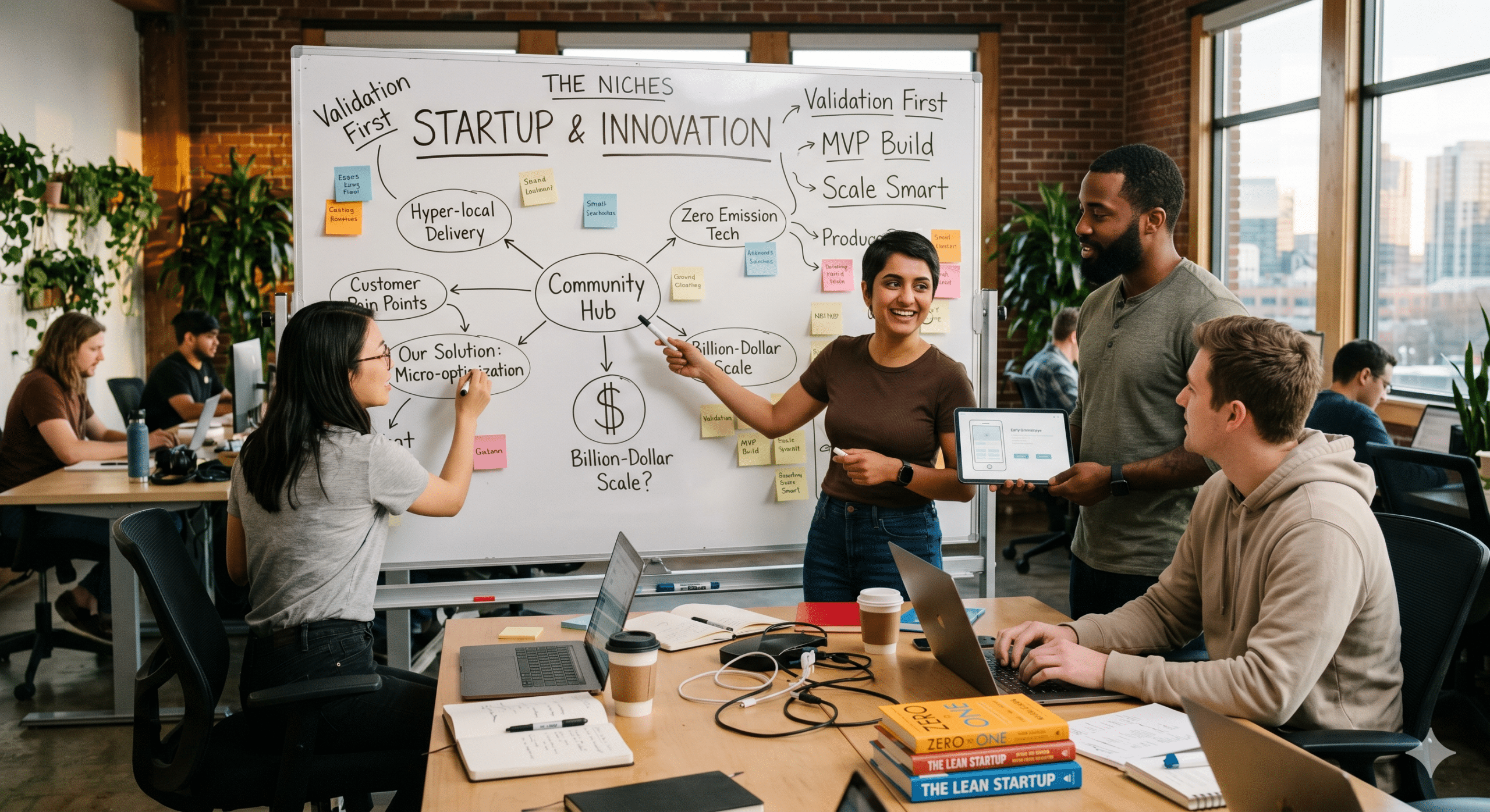 Startup team collaborating on innovation strategy and business growth planning in a modern office workspace