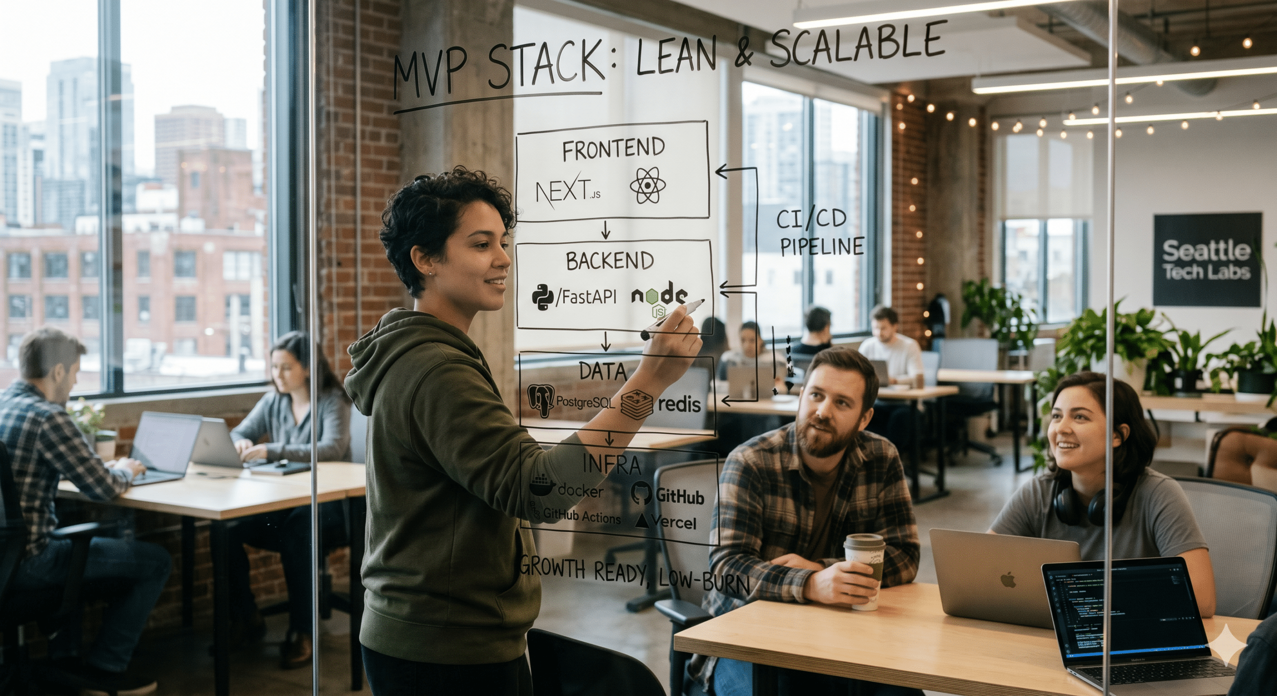 Startup founder presenting a lean and scalable MVP tech stack using Next.js, React, Node.js, PostgreSQL, Redis, Docker, GitHub Actions, and Vercel in a modern startup office