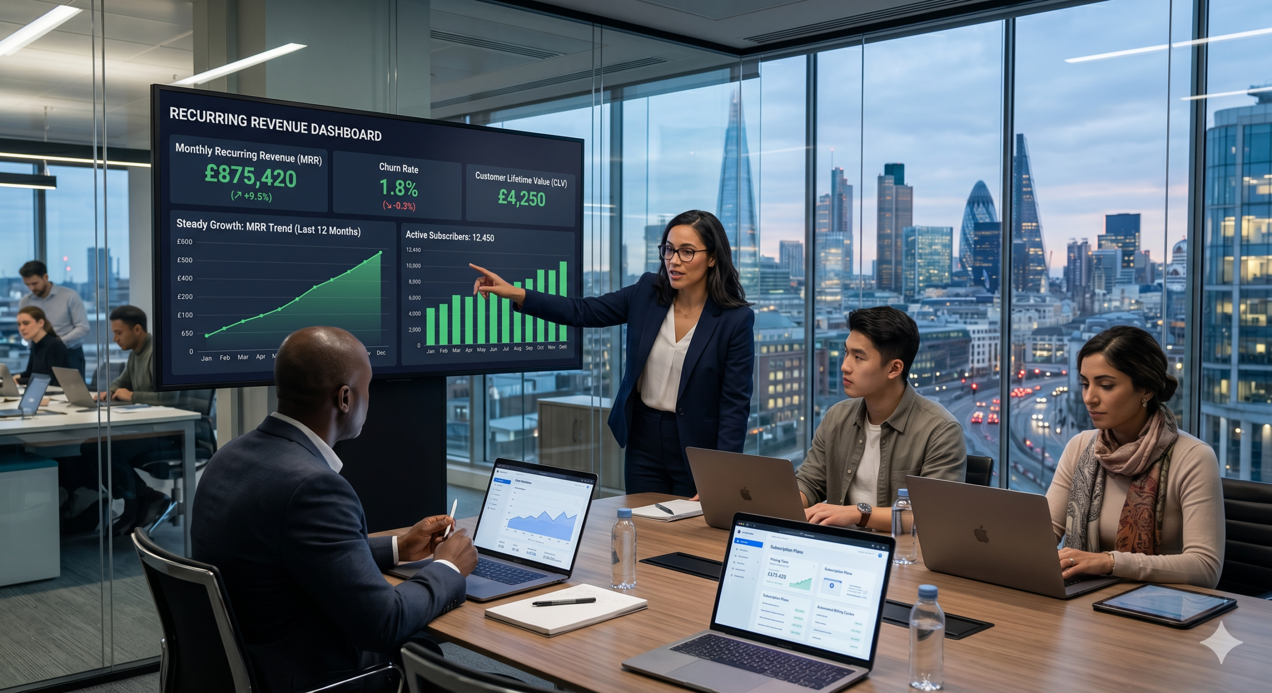 Team analyzing subscription-based business model dashboard with recurring revenue, churn rate, and customer lifetime value metrics