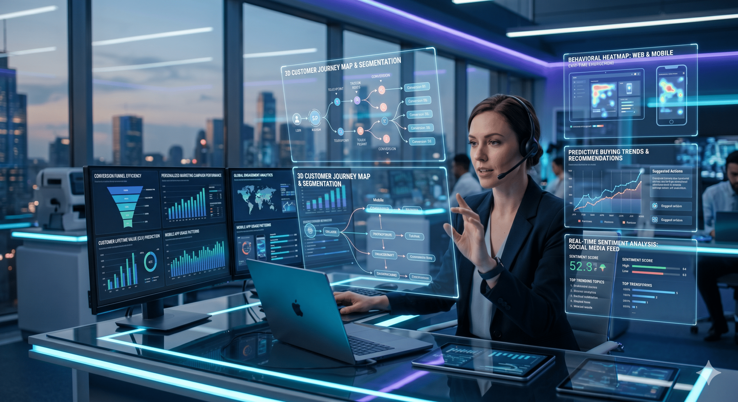 Business analyst using AI-powered customer behavior analytics dashboards, predictive insights, and real-time customer journey tracking systems in a futuristic office in 2026